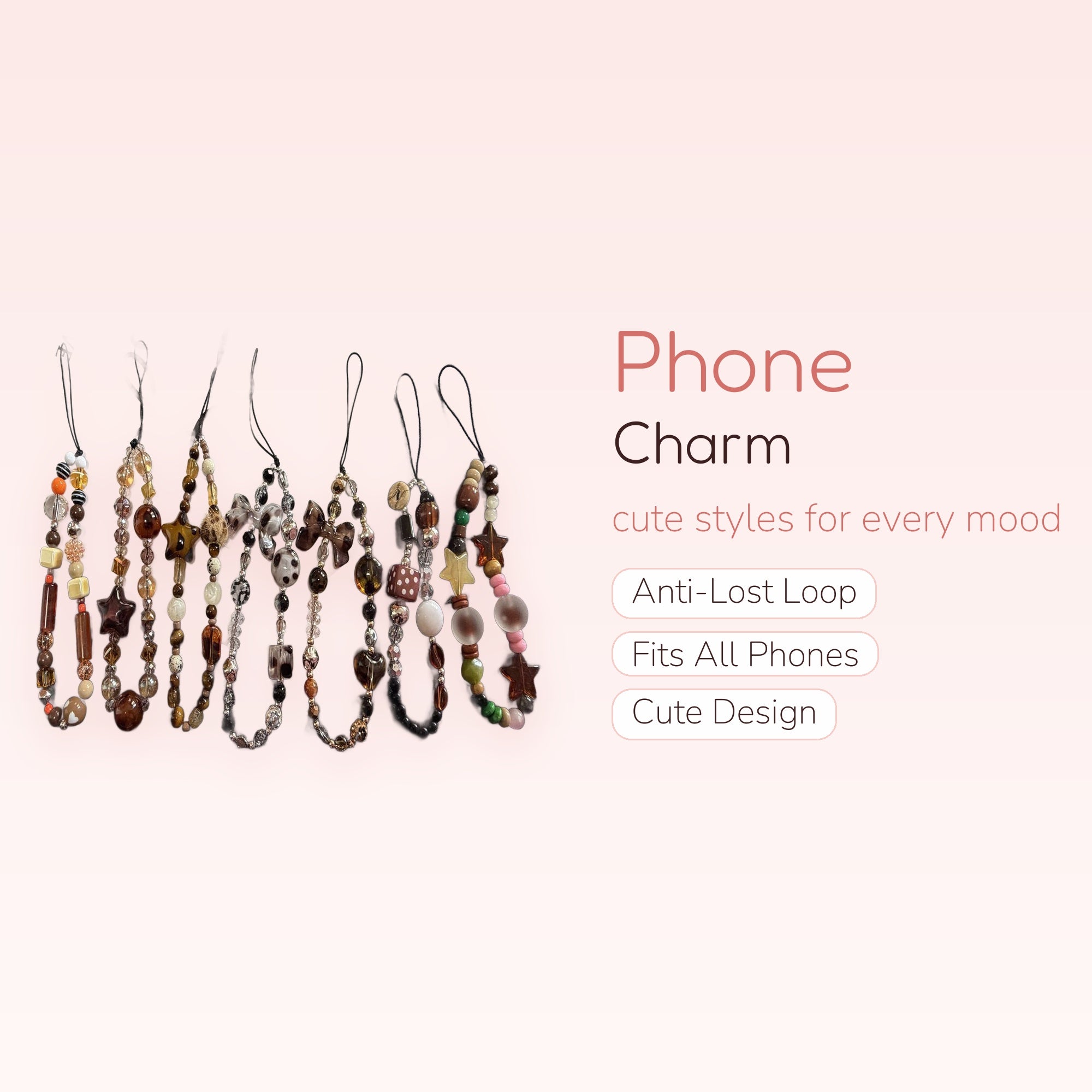 Aesthetic Beaded Phone Charm Straps | Brown & Neutral Tones with Stars & Bows