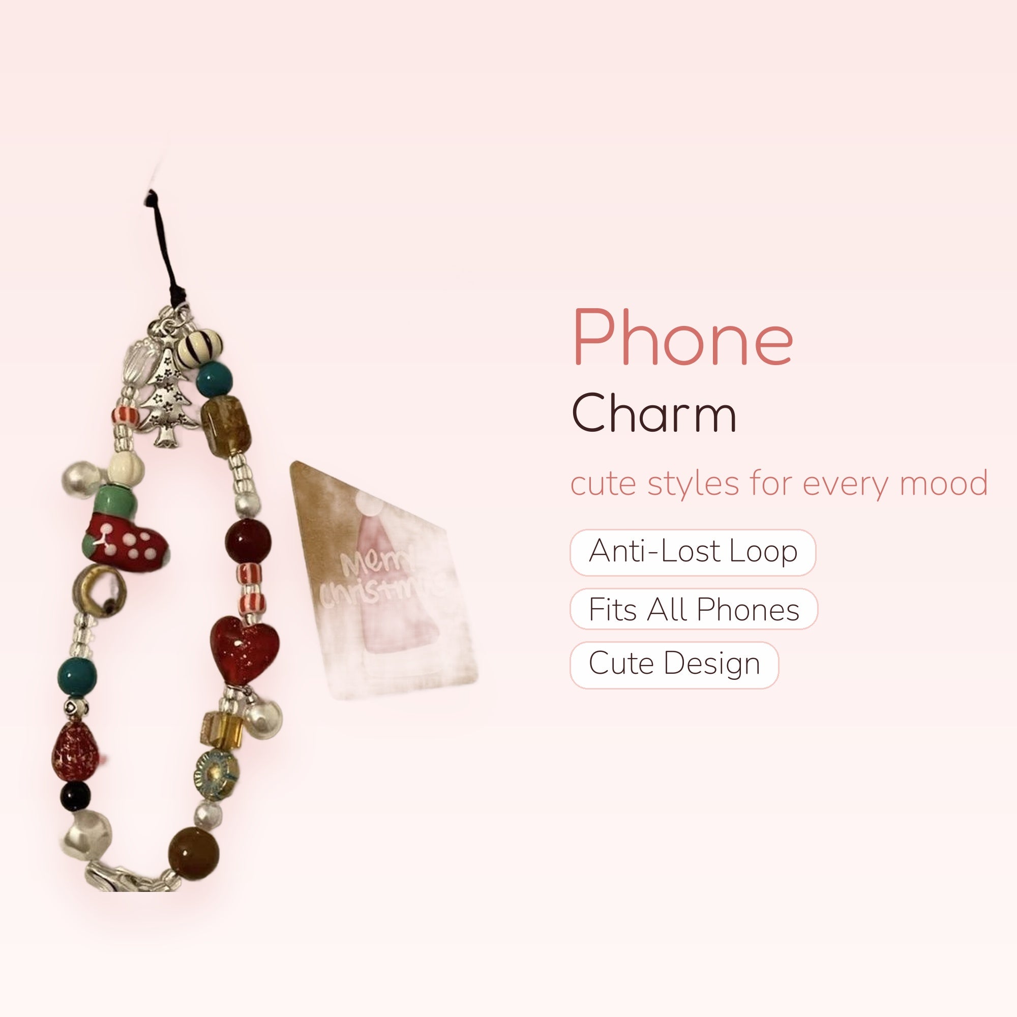 Festive Beaded Christmas Phone Charm | Holiday Themed Wrist Lanyard with Charms