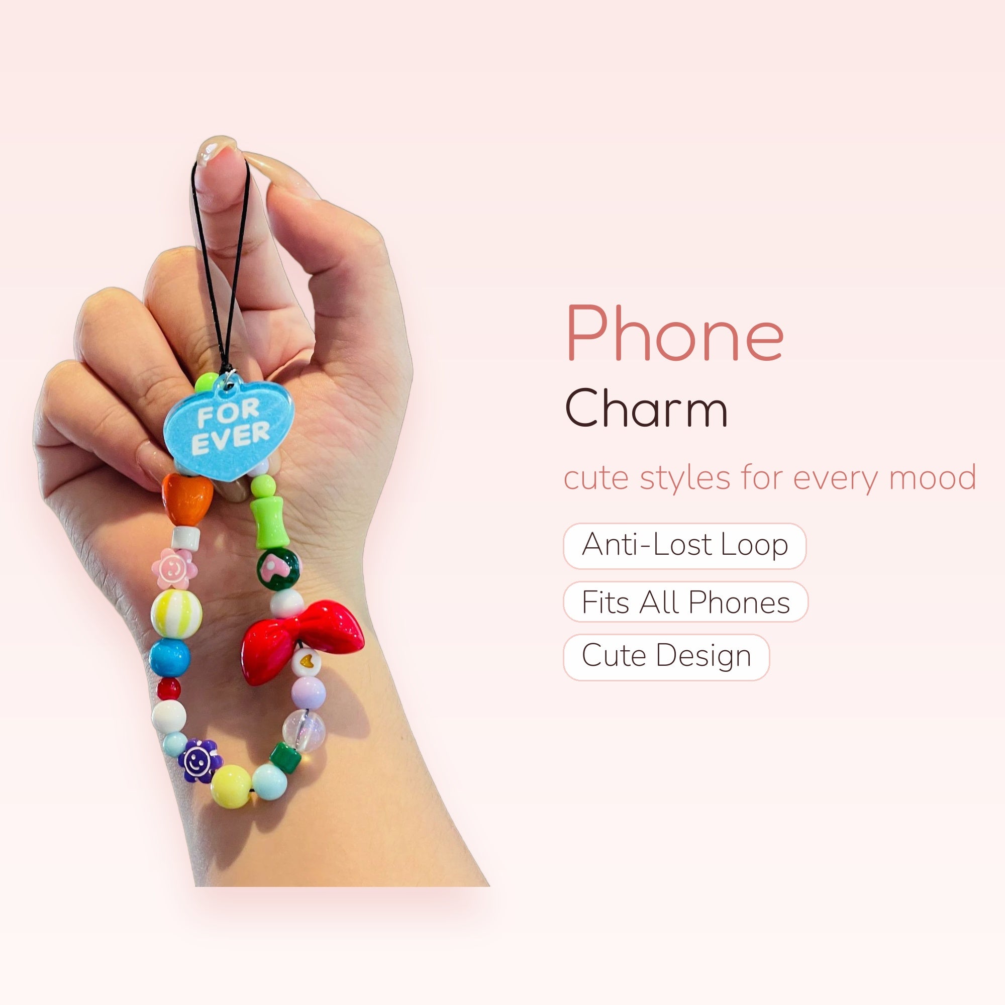 Kawaii Colorful Beaded Phone Charm Strap with "Forever" Heart & Red Bow | Aesthetic Wrist Lanyard