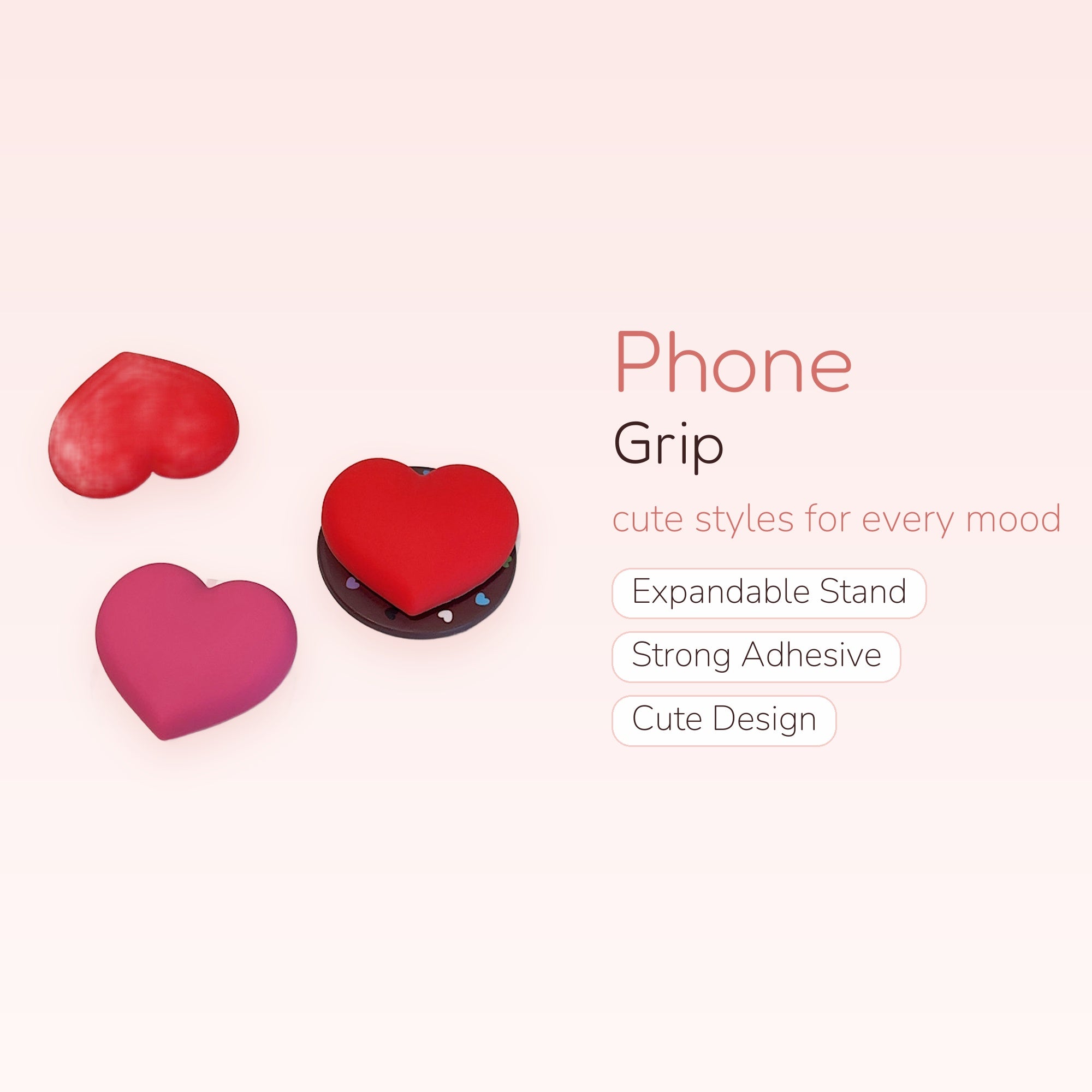 Cute Heart Phone Grip | Kawaii Pop Socket Stand in Red and Pink