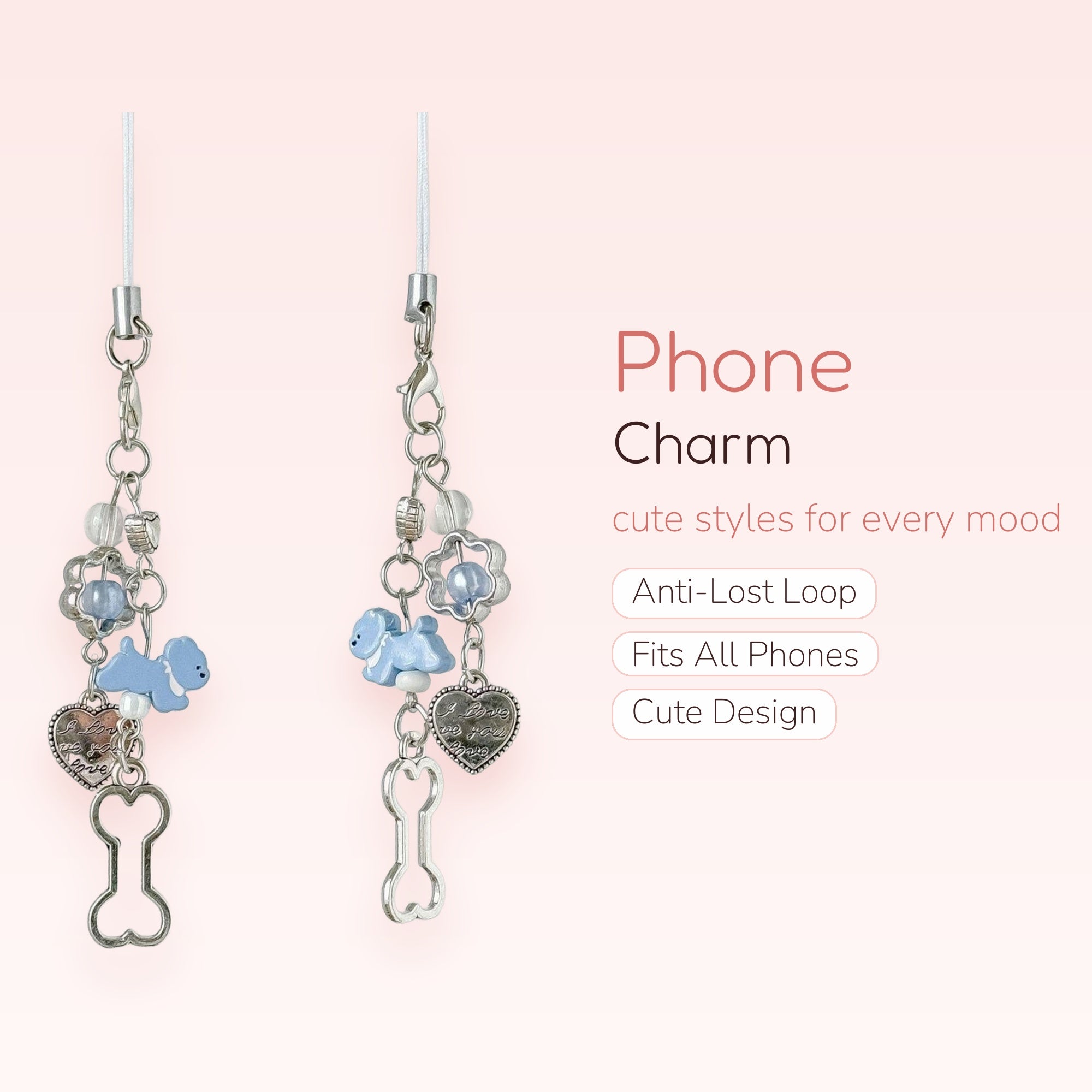 Kawaii Blue Puppy & Bone Phone Charm | Pastel Beaded Wrist Strap