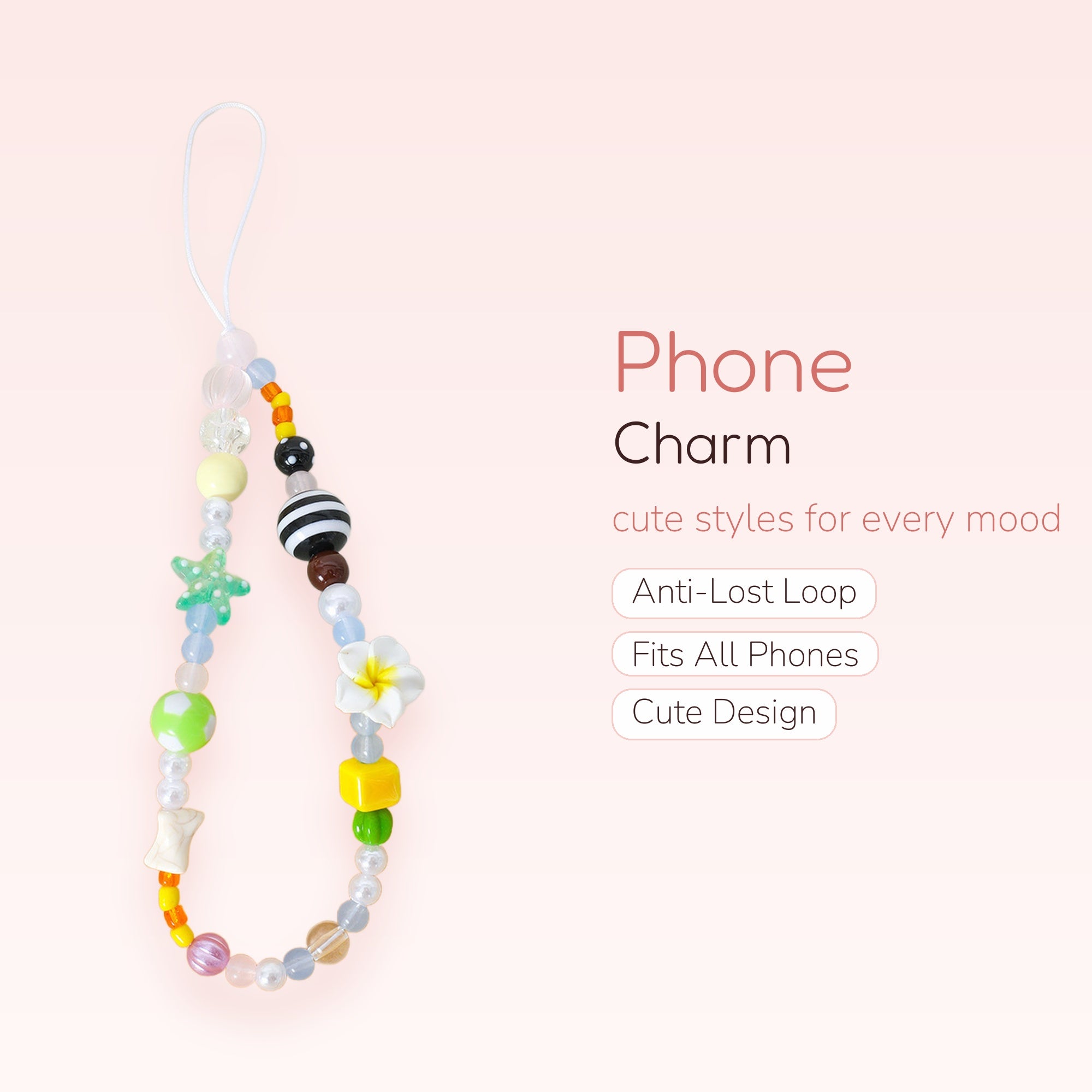 Kawaii Beaded Phone Charm Strap | Pastel & Bright Mixed Bead Lanyard