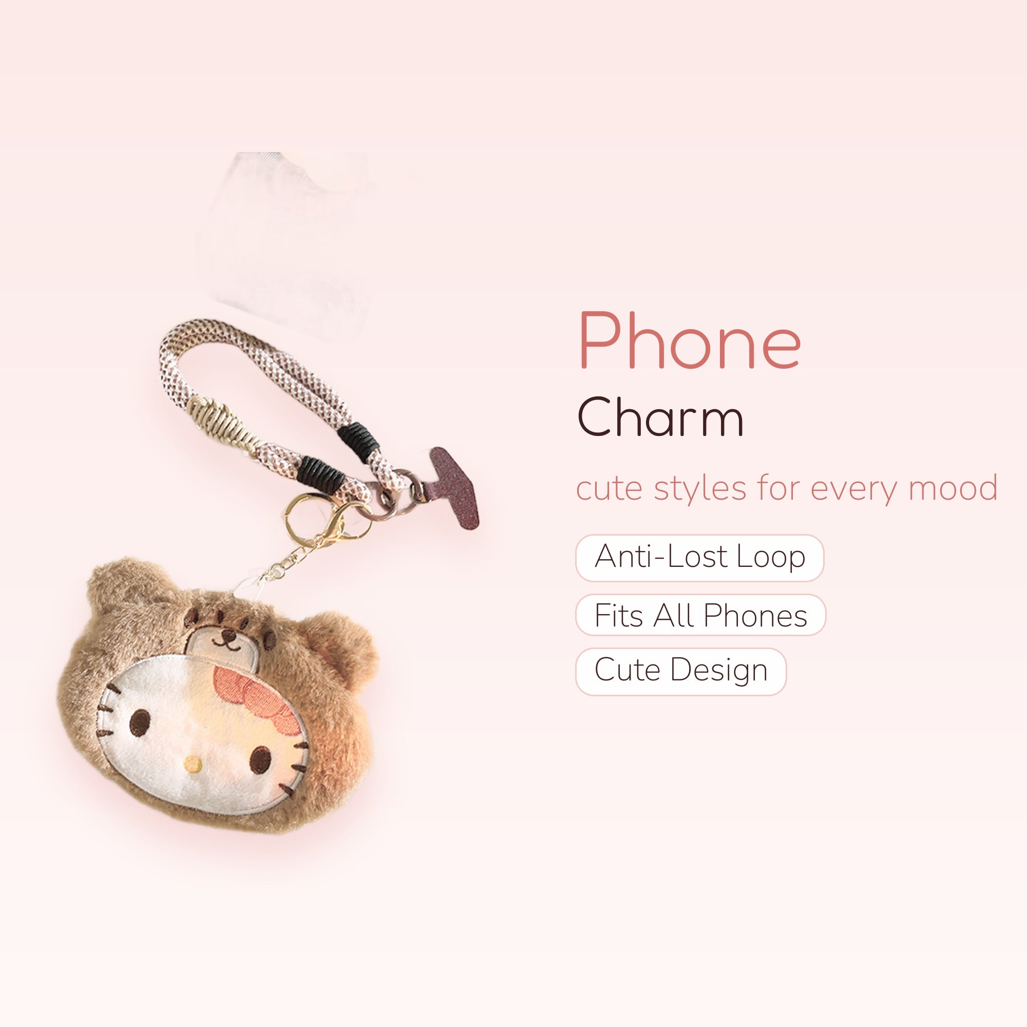 Fluffy Hello Kitty Bear Phone Charm | Cute Plush Wrist Strap Keychain