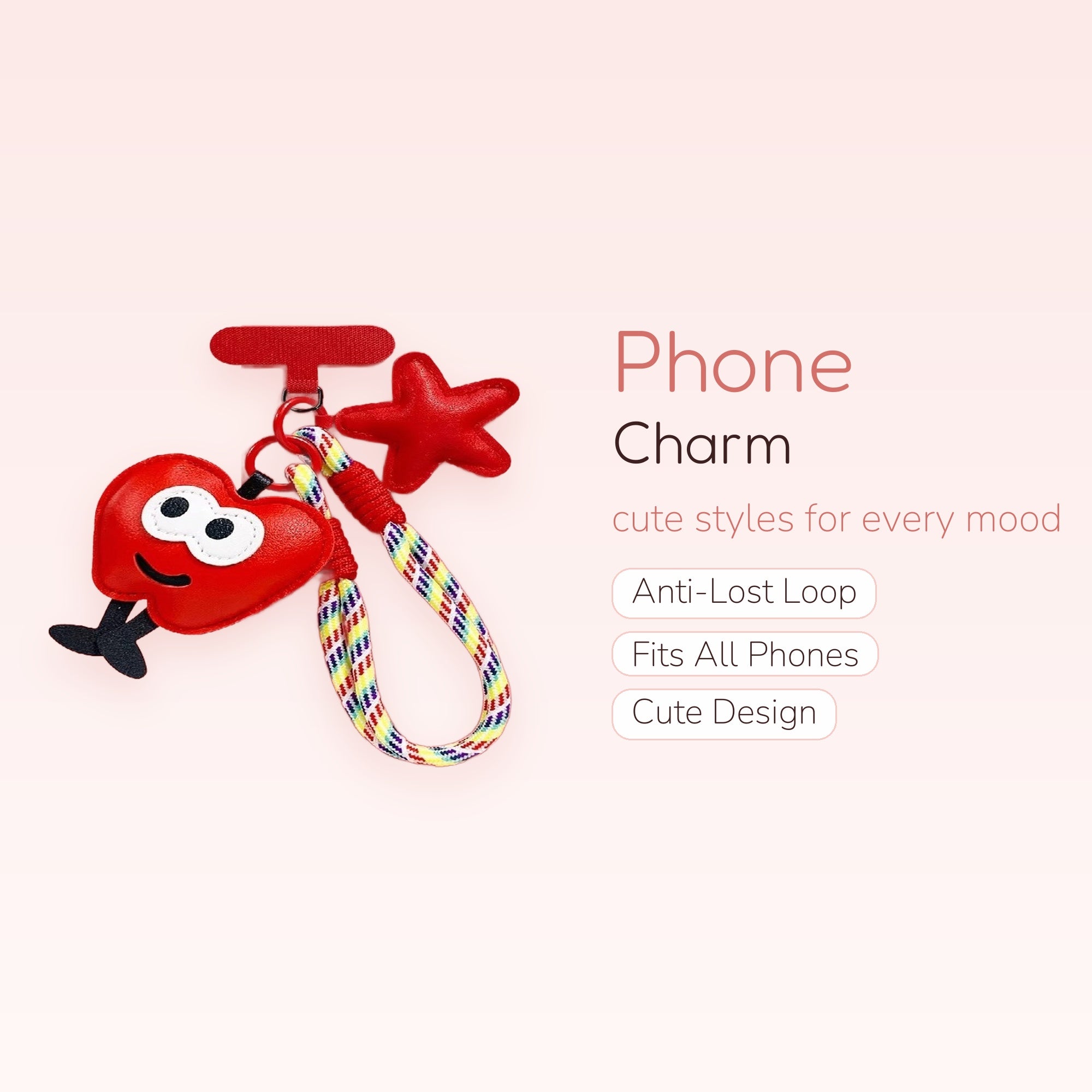 Cute Red Heart & Star Phone Charm | Kawaii Rainbow Wrist Lanyard