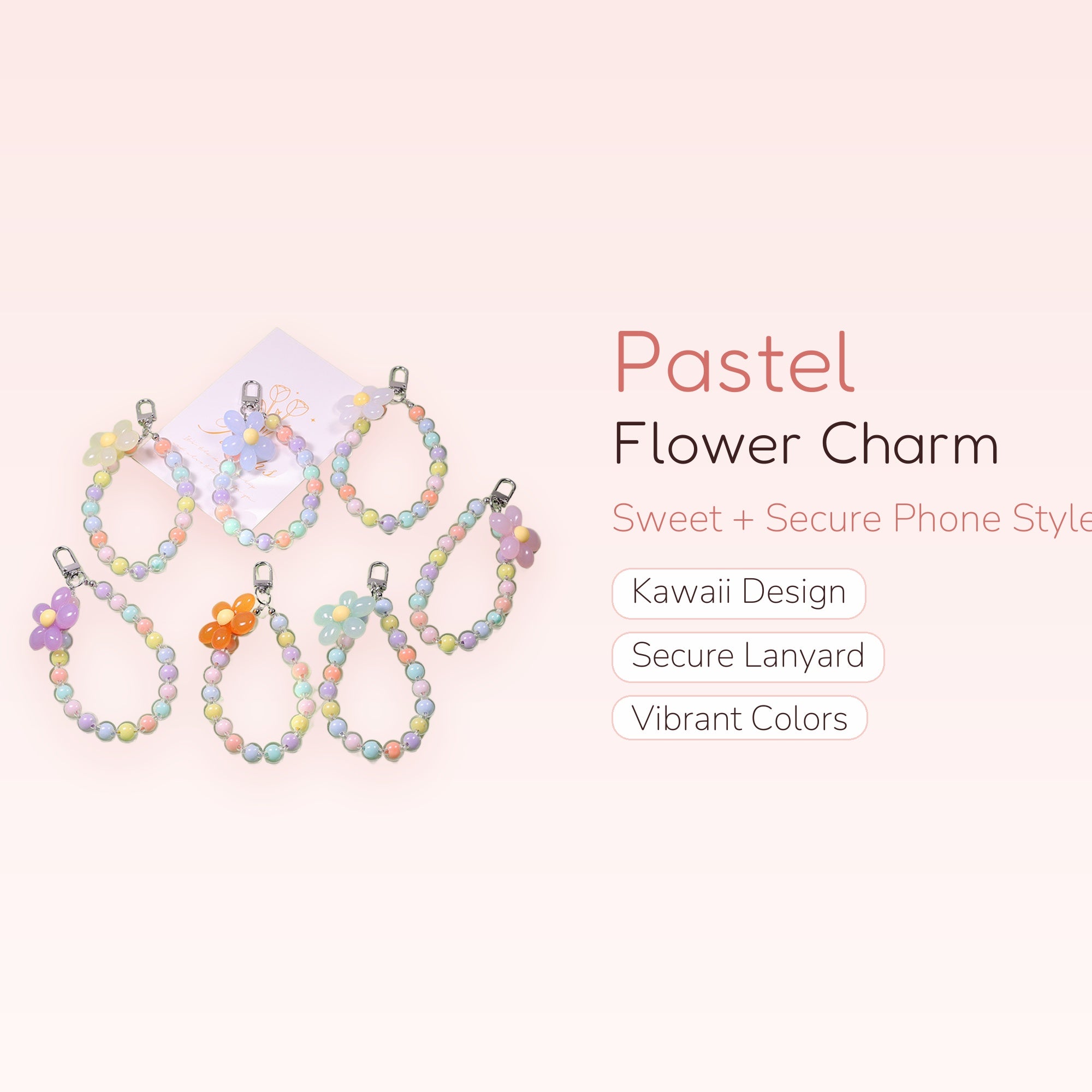 Kawaii Pastel Flower Bead Phone Charm Strap | Cute Wrist Lanyard