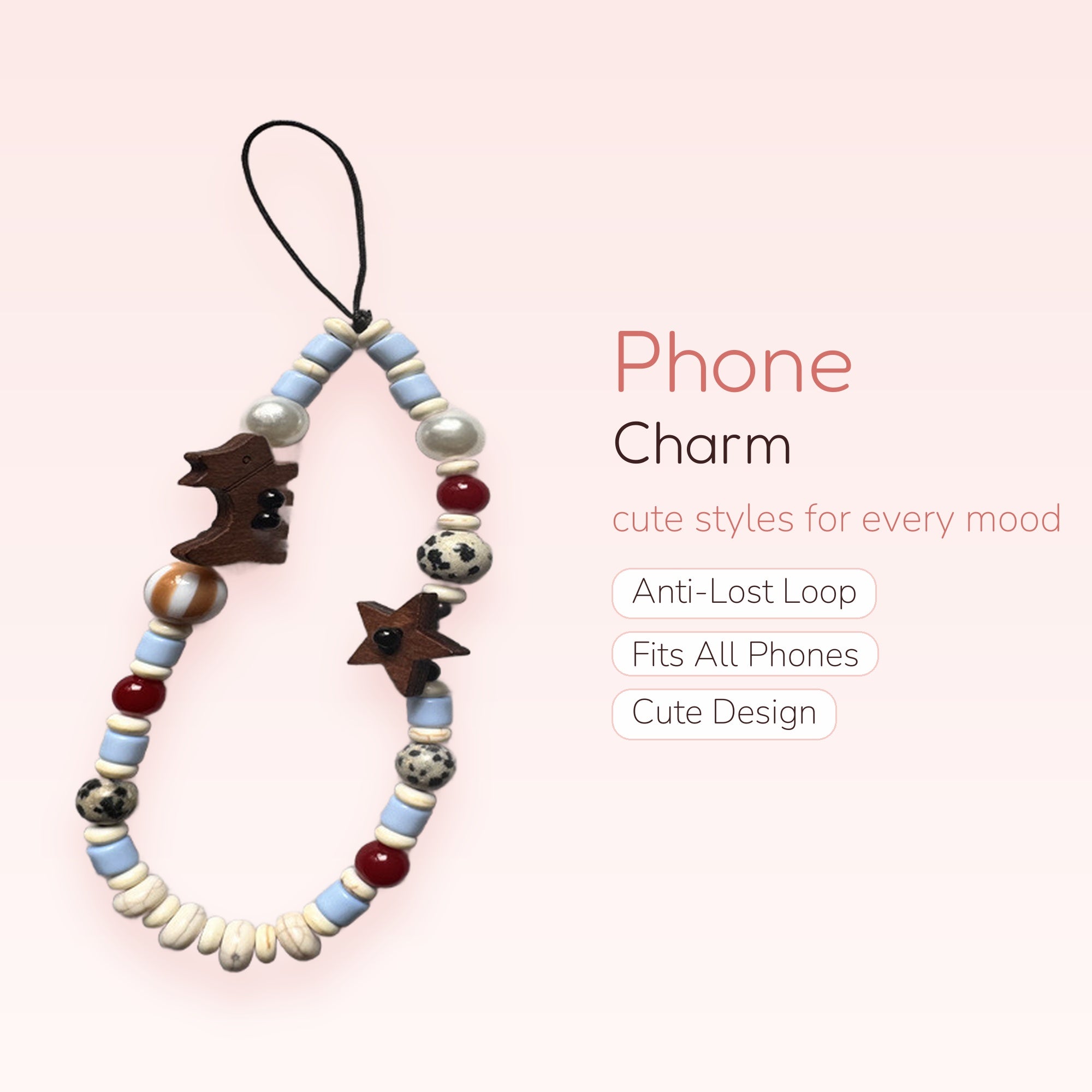 Aesthetic Wooden Star & Dinosaur Phone Charm | Pastel Blue Beaded Wrist Strap