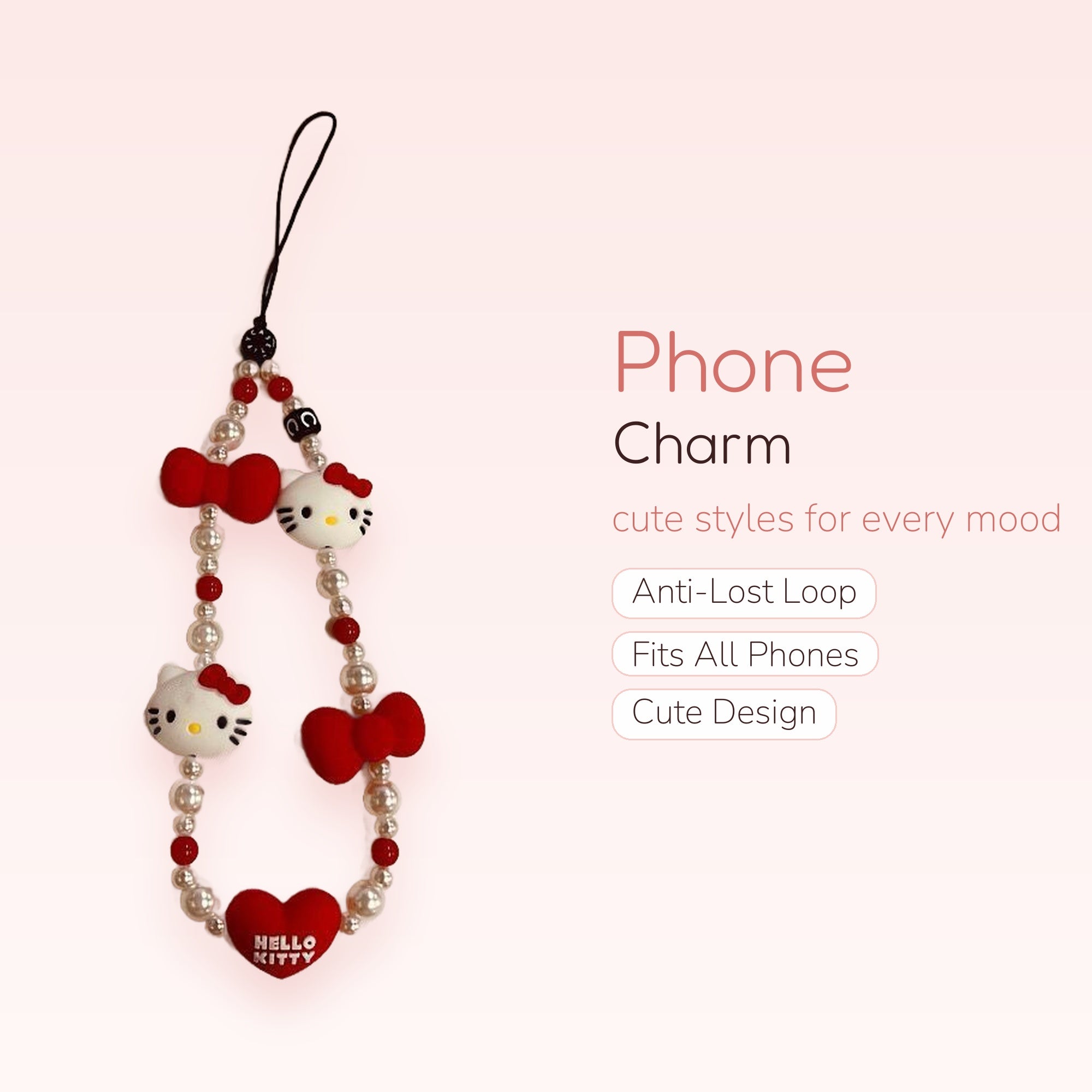 Kawaii Hello Kitty Pearl & Red Bow Phone Charm | Cute Beaded Wrist Lanyard