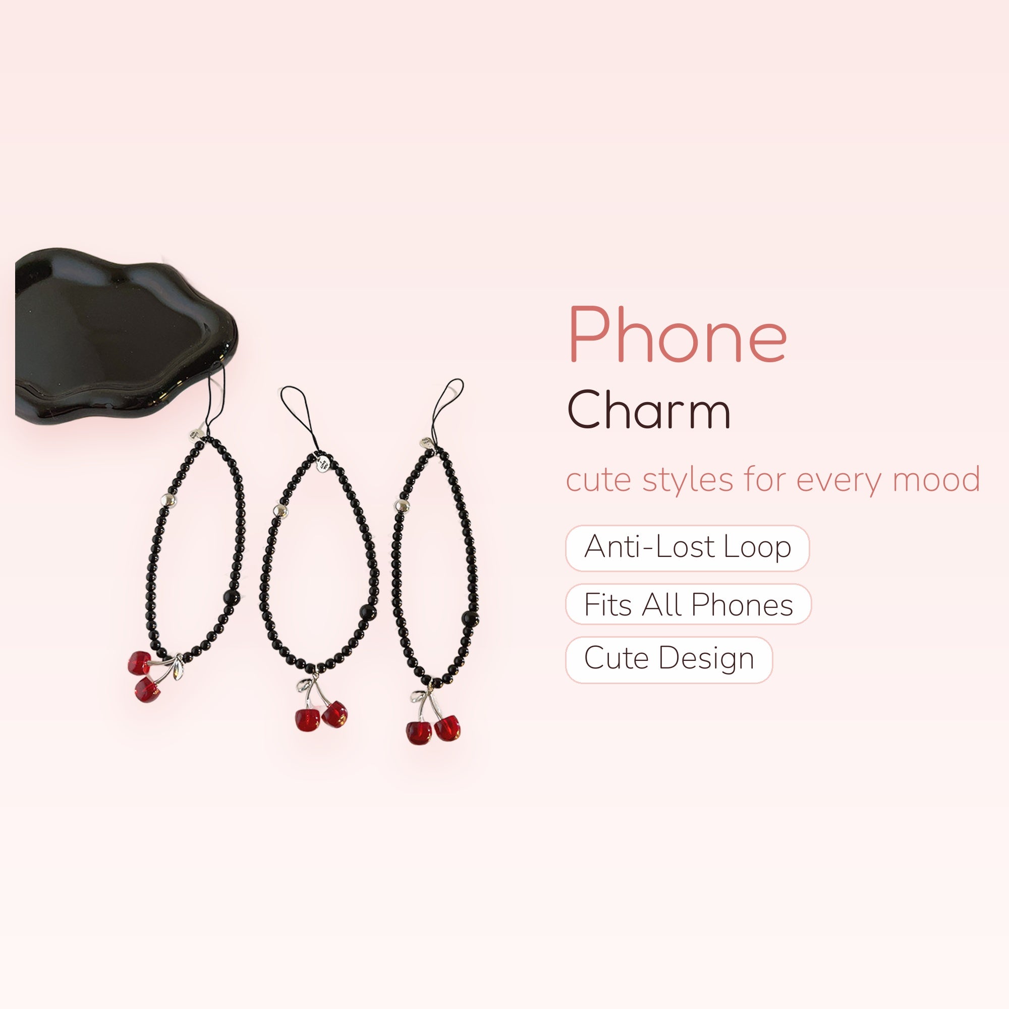 Cute Black Beaded Cherry Phone Charm | Aesthetic Red Fruit Wrist Strap