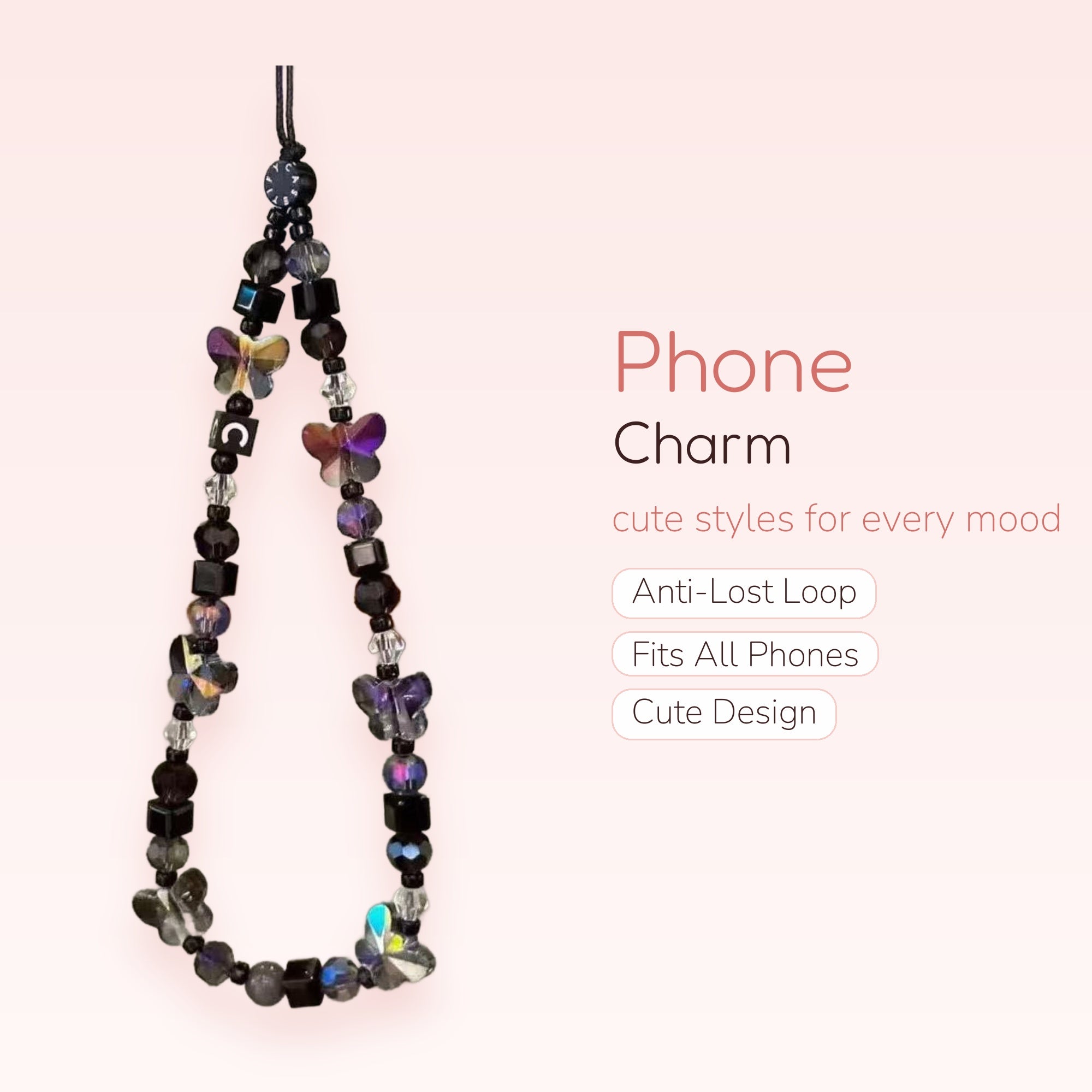 Aesthetic Iridescent Butterfly Phone Charm | Dark Crystal Beaded Wrist Strap