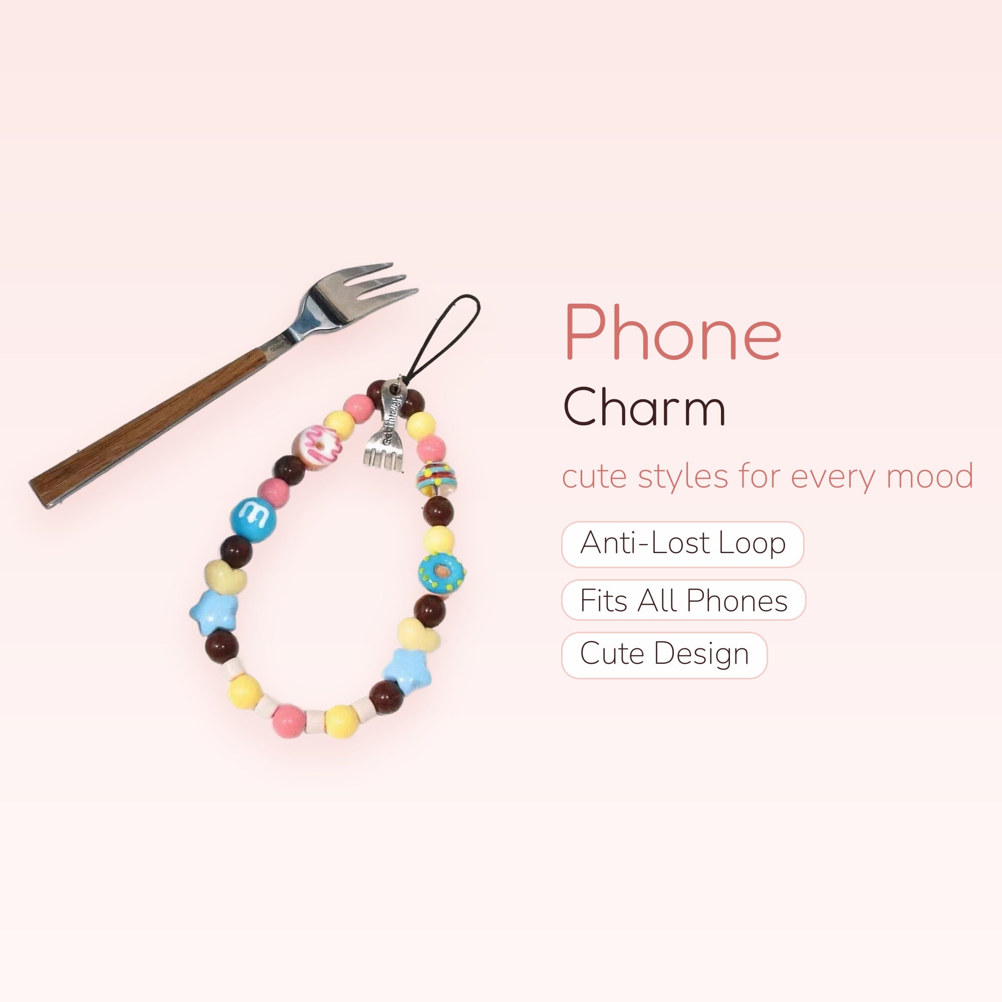 Kawaii Sweet Treat Beaded Phone Charm | Pastel Donut & M&M Wrist Strap