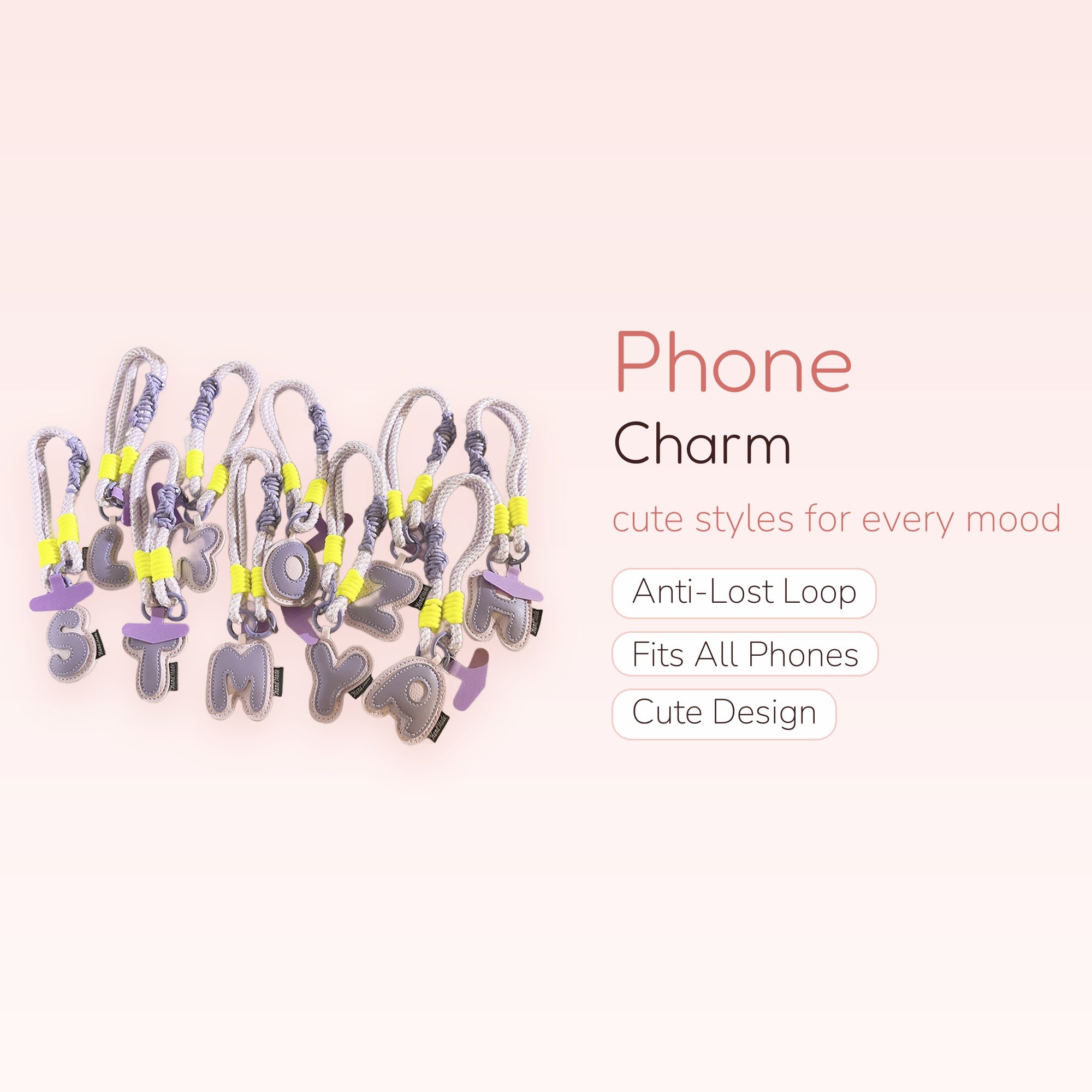 Pastel Purple Letter Phone Charm Strap | Cute Braided Wrist Lanyard