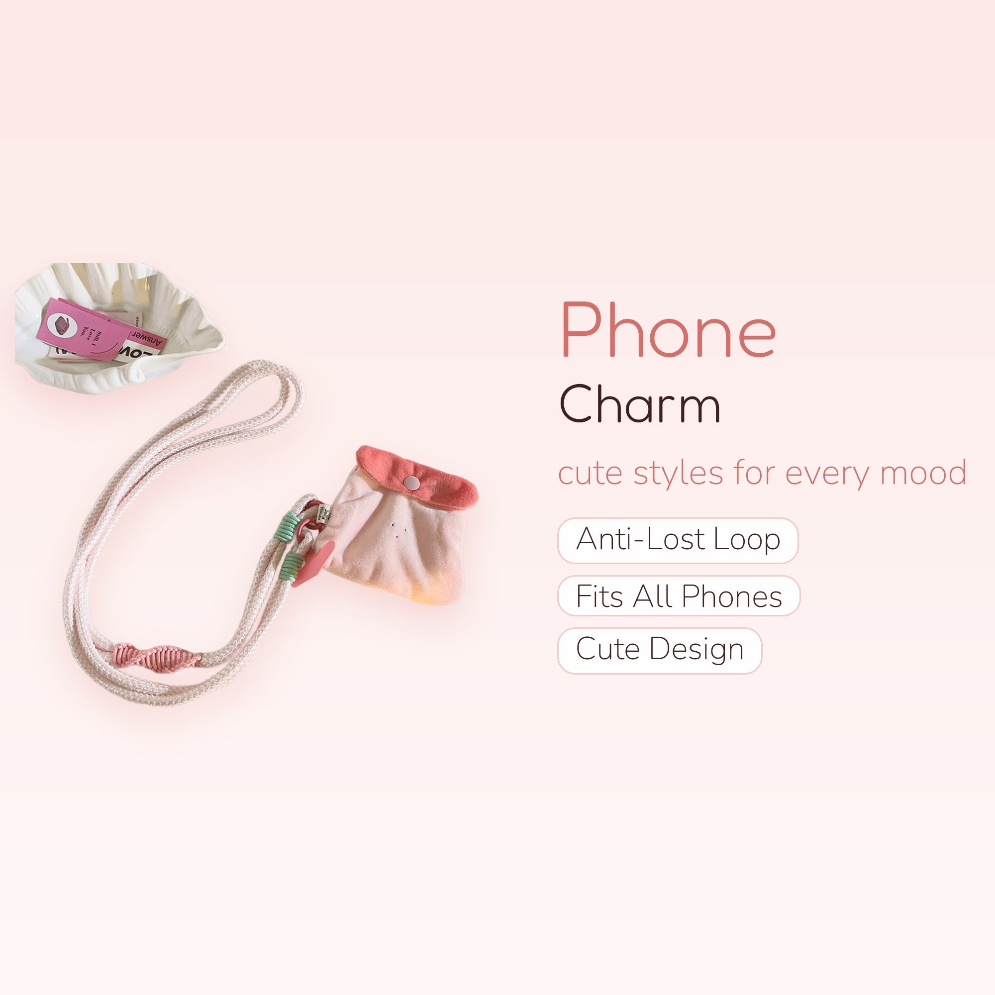 Kawaii Pink Rope Phone Lanyard with Plush Pouch | Aesthetic Crossbody Phone Strap