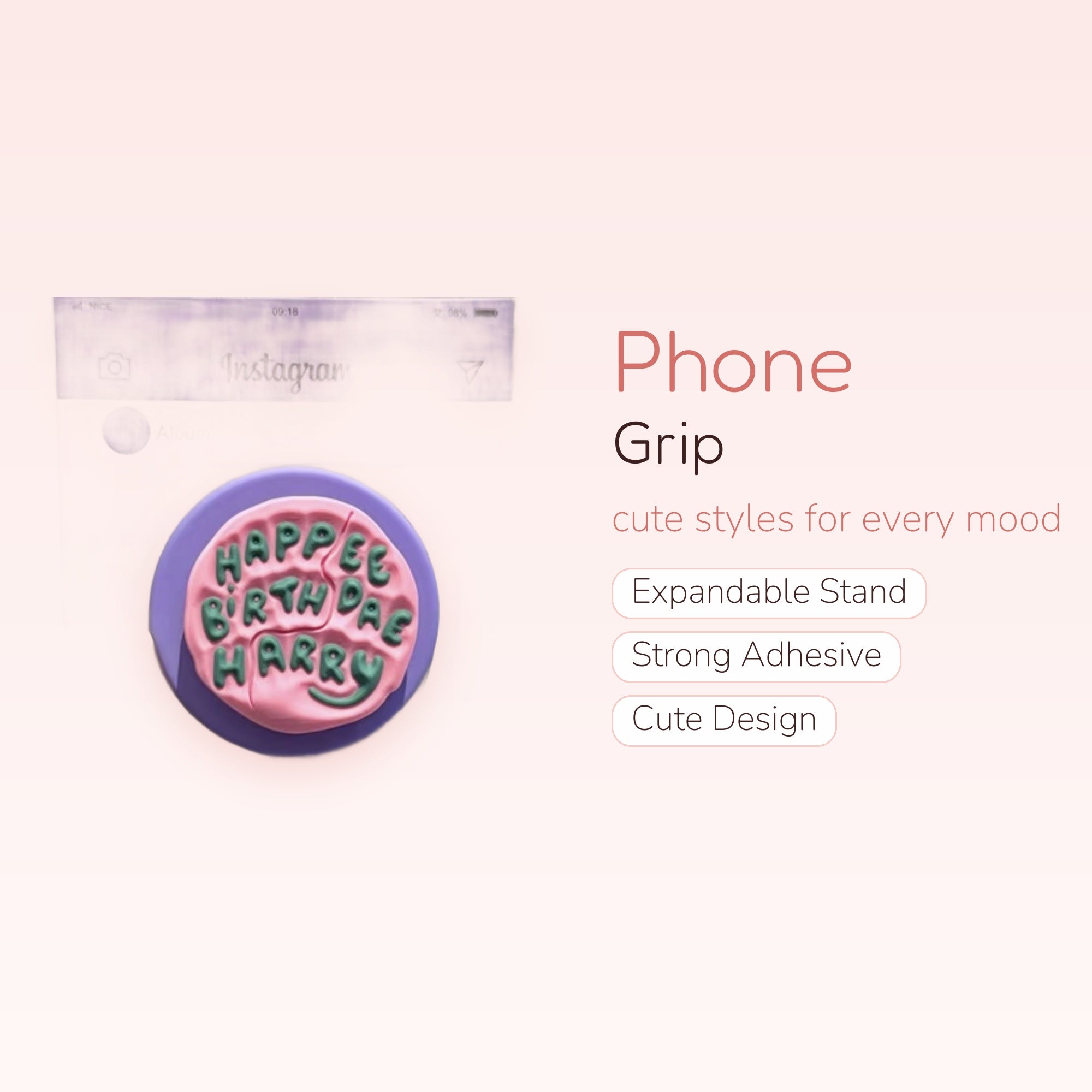 HAPPEE BIRTHDAE HARRY Cake Phone Grip | Kawaii Purple Pink Pop Socket Stand
