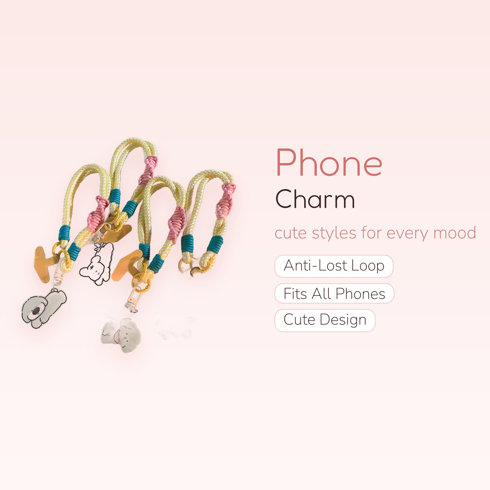 Kawaii Puppy Dog Phone Charm Wrist Strap | Cute Yellow Braided Lanyard with Acrylic Charms