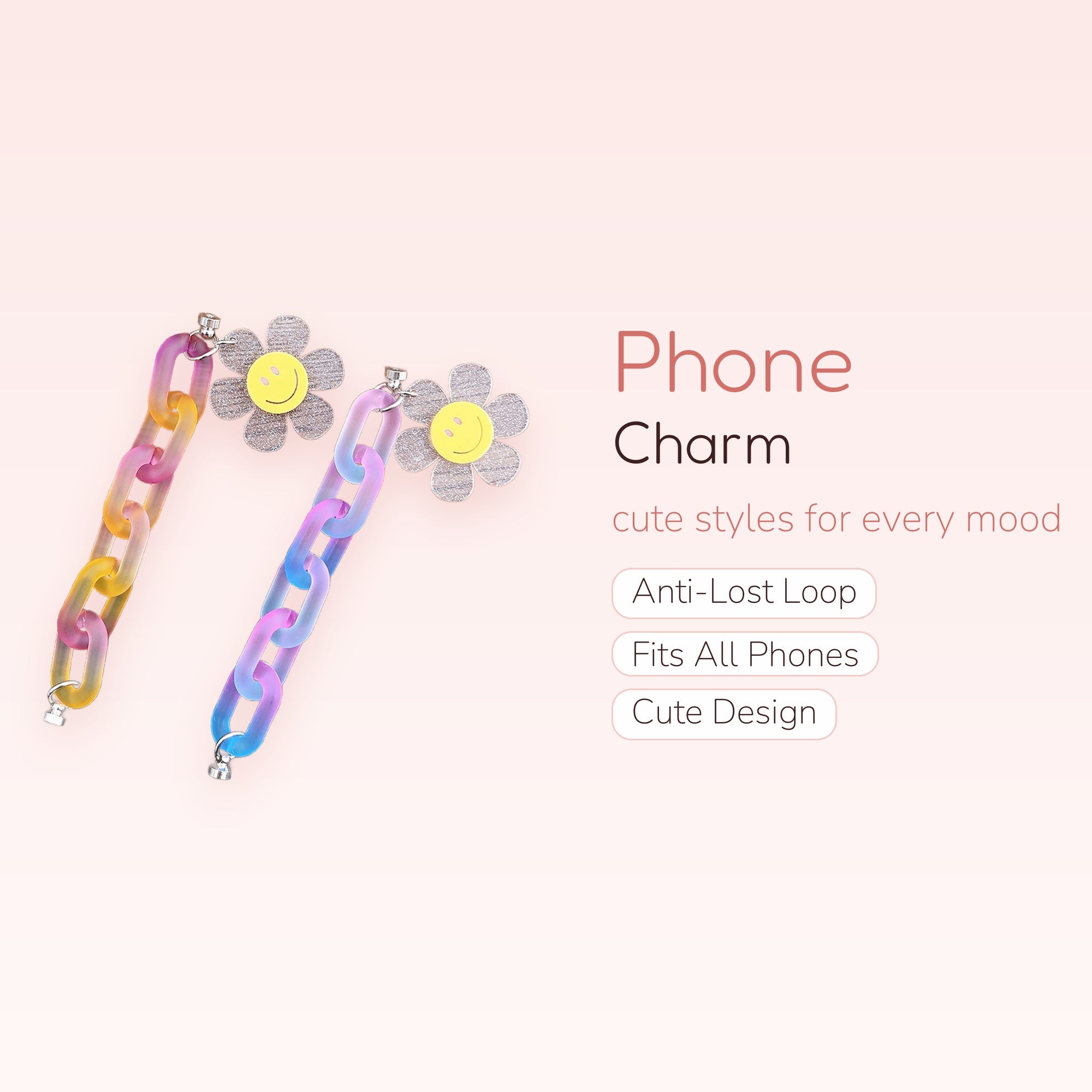 Aesthetic Frosted Ombre Chain Phone Charm | Cute Daisy Smiley Face Lanyard