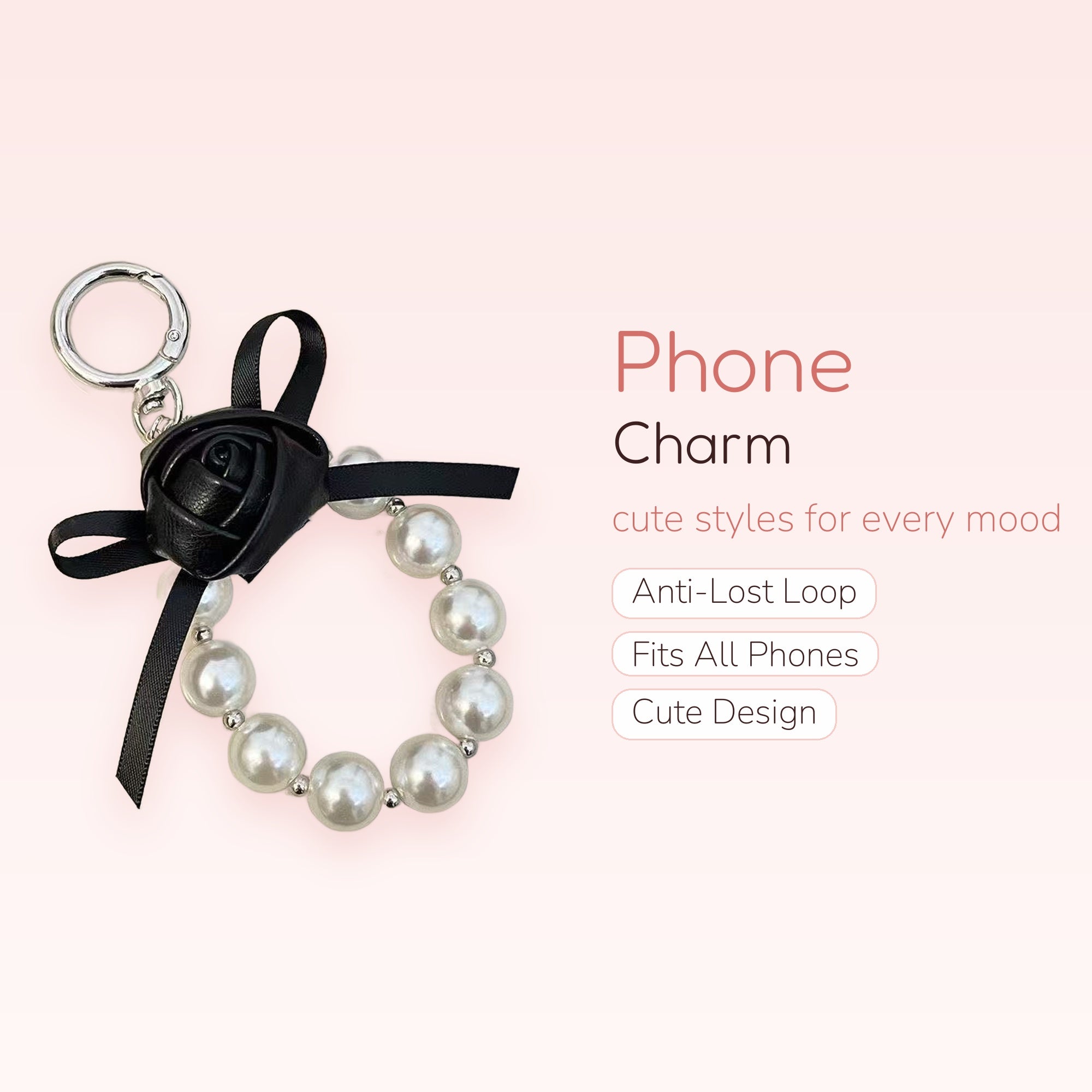Black Rose & Pearl Phone Charm | Aesthetic Beaded Wrist Strap Keychain