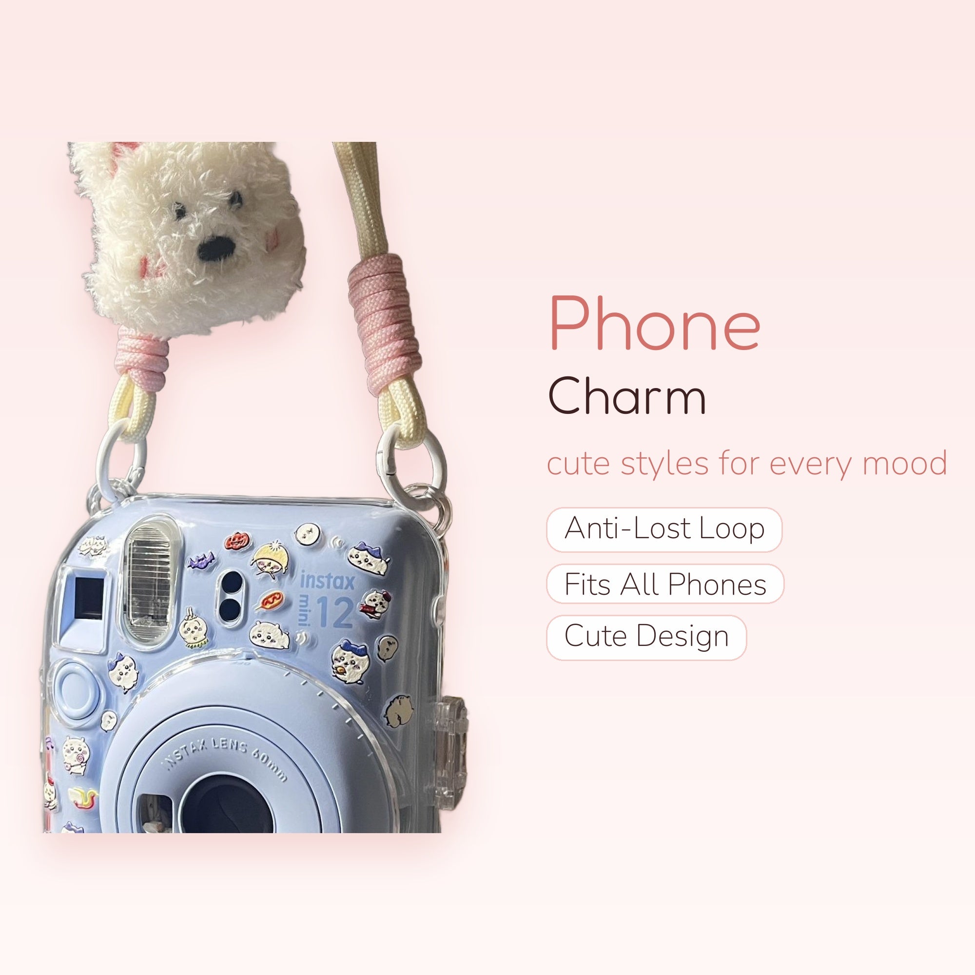 Fluffy White Dog Phone Charm Strap | Kawaii Plushie Lanyard for Instax Camera