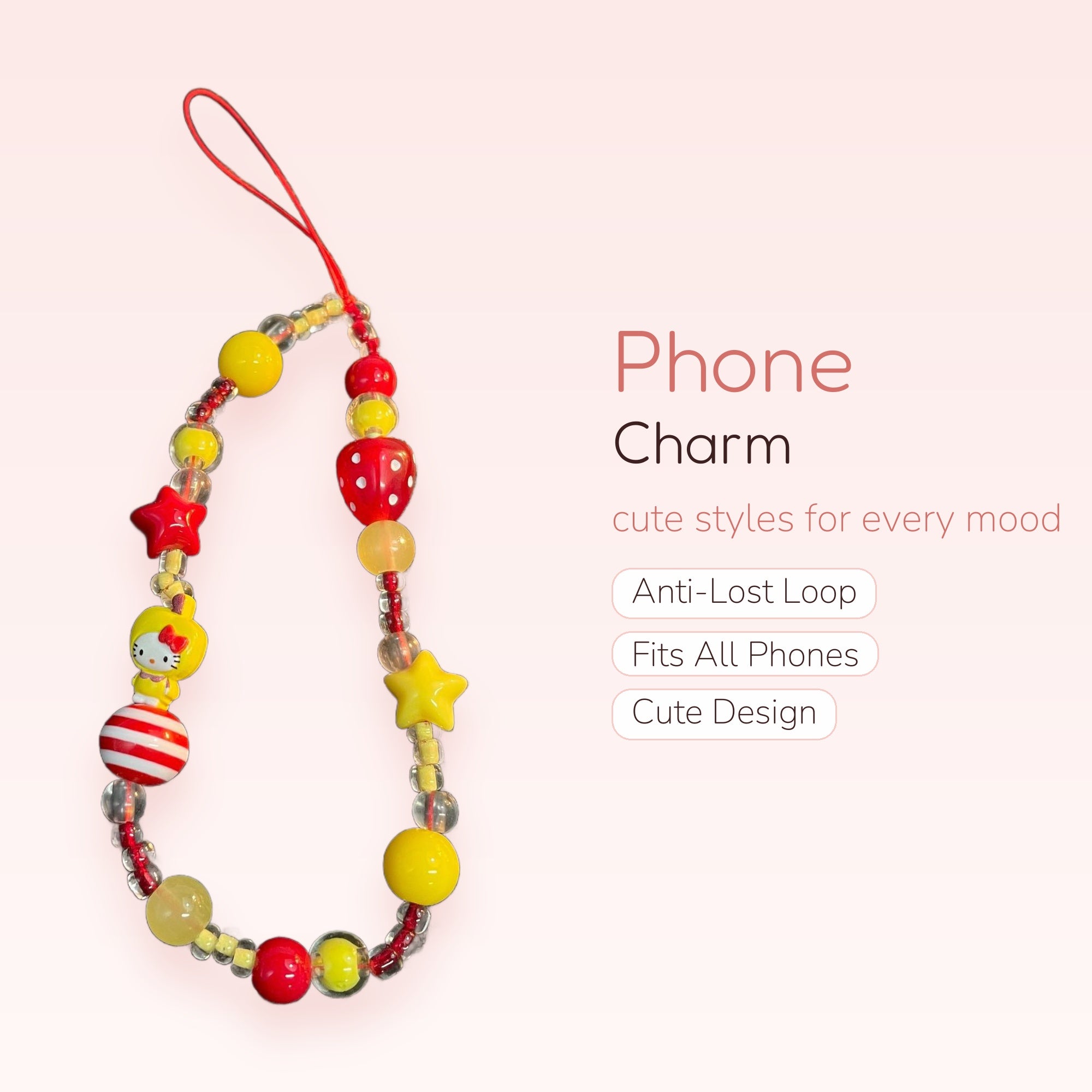 Kawaii Hello Kitty & Strawberry Phone Charm | Red & Yellow Beaded Wrist Strap