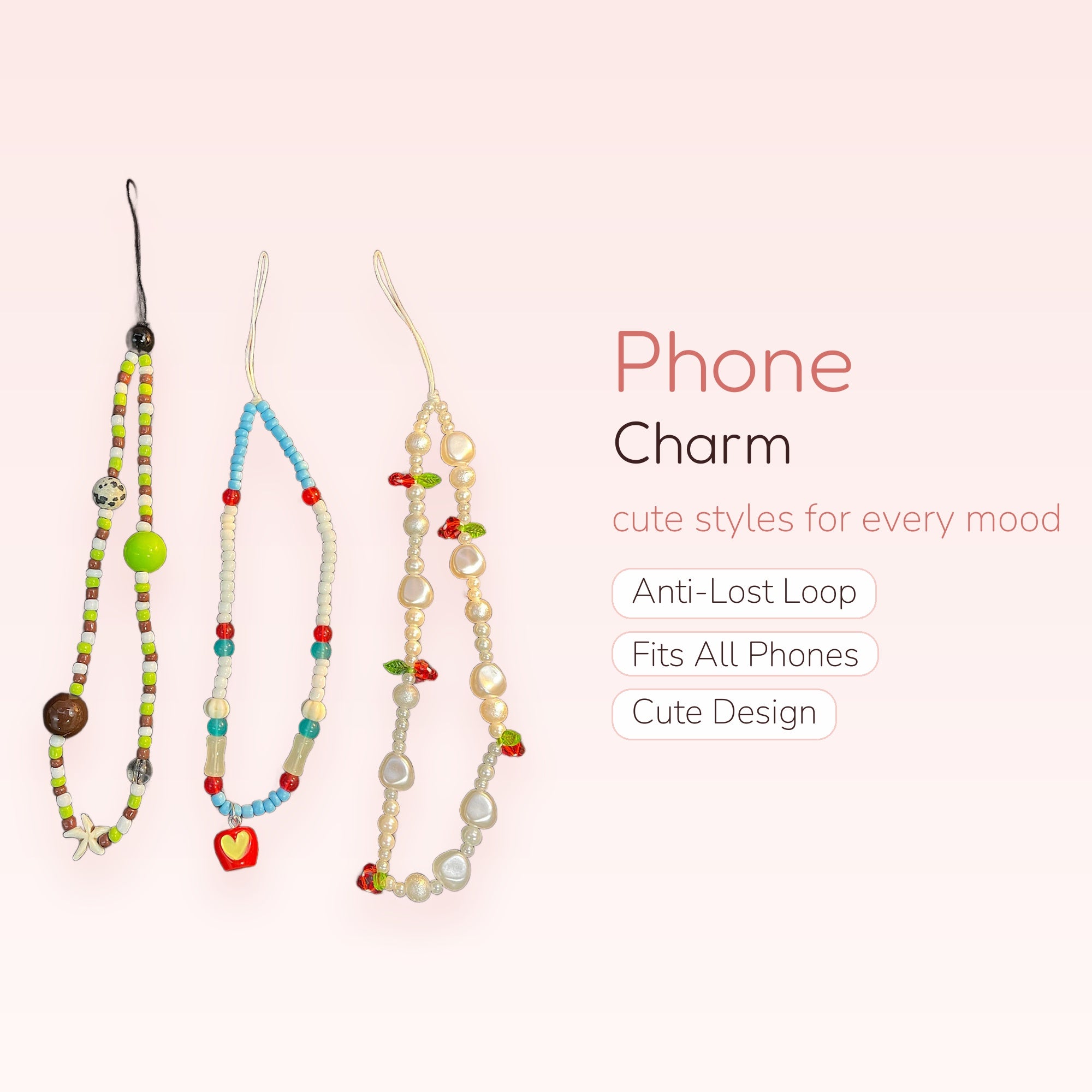 Cute Beaded Phone Charms with Fruit & Starfish | Aesthetic Wrist Lanyard Set