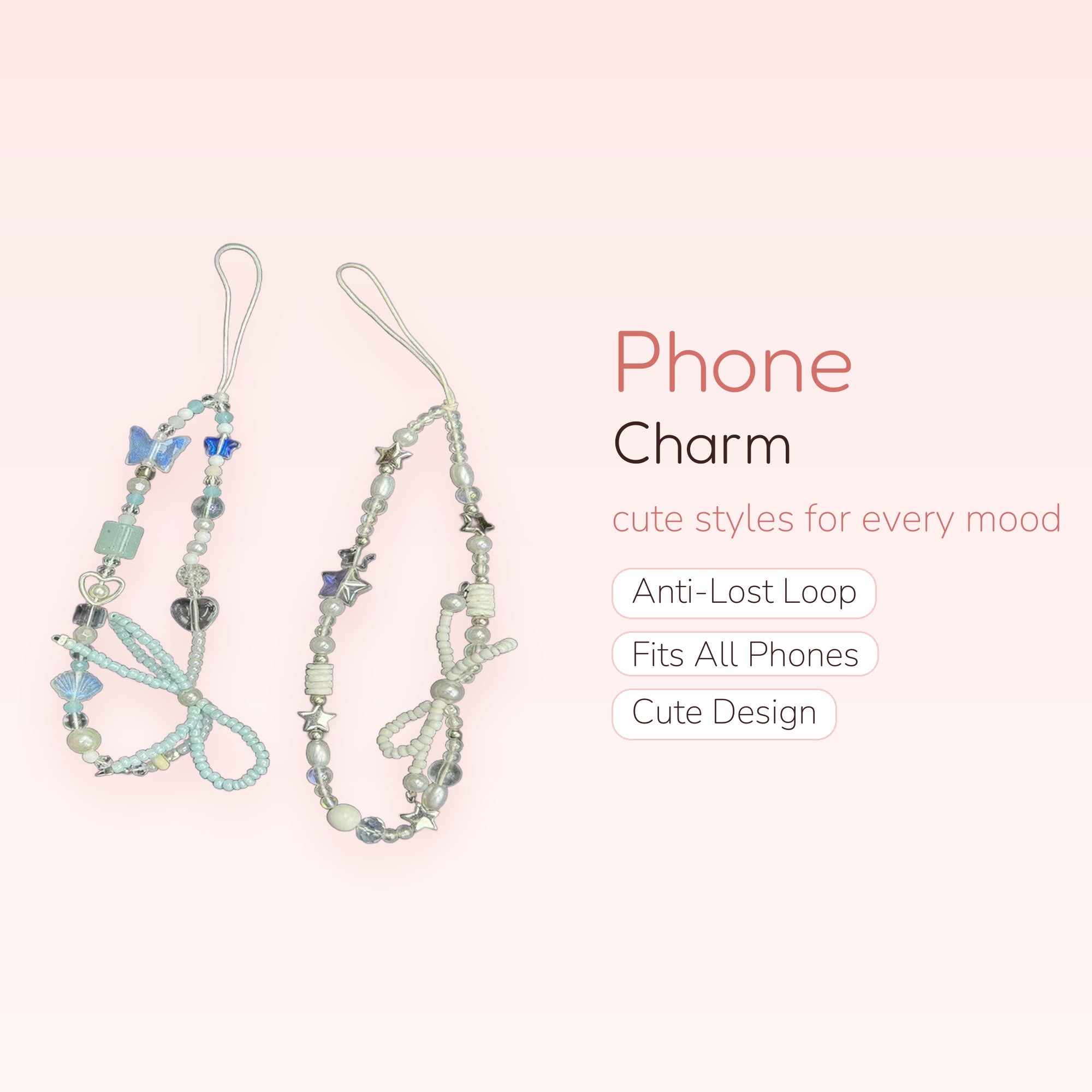 Kawaii Butterfly & Star Beaded Phone Charm Strap | Pastel Blue & White Wrist Lanyard