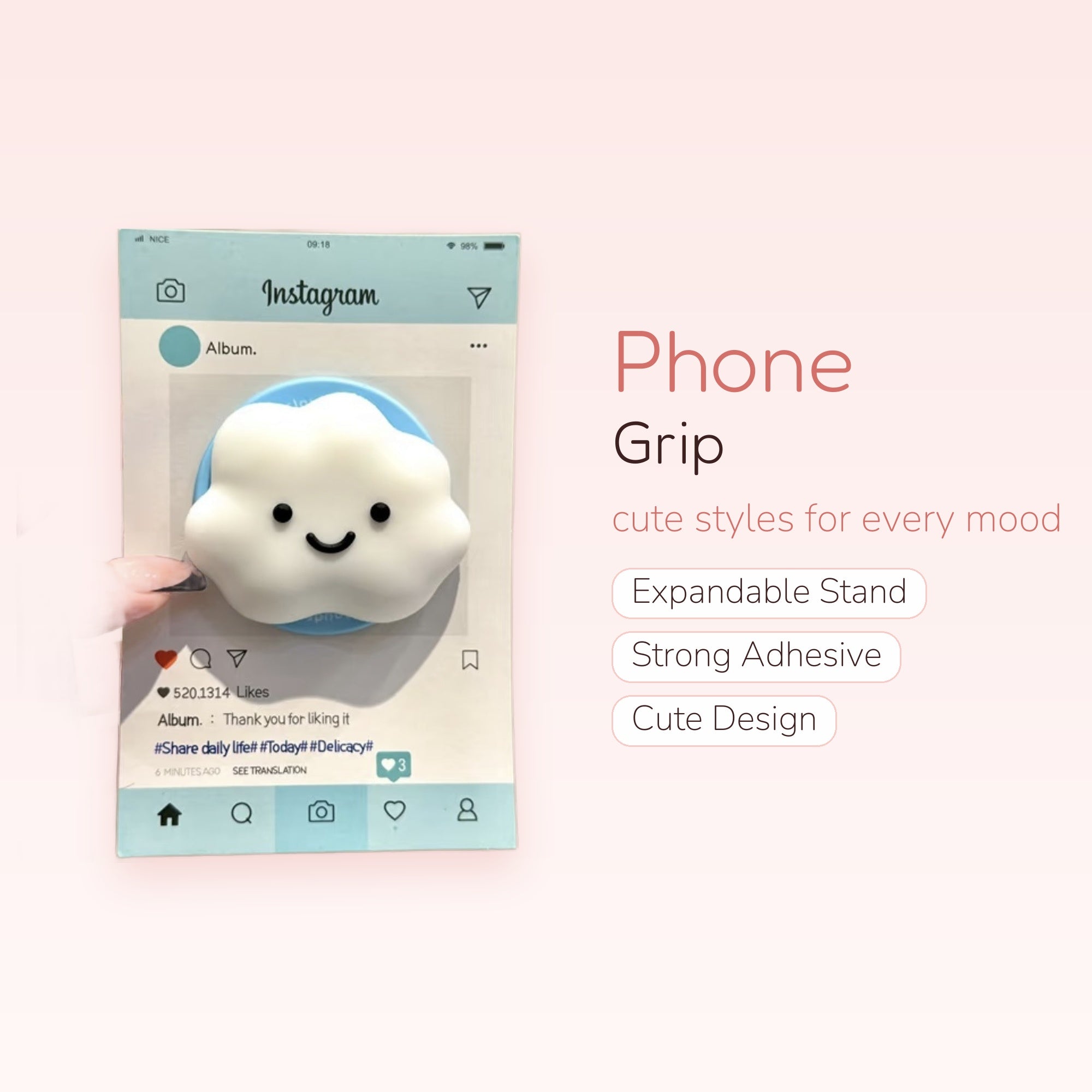 Kawaii Smiling Cloud Phone Grip | Cute Pastel Blue Pop Socket Stand