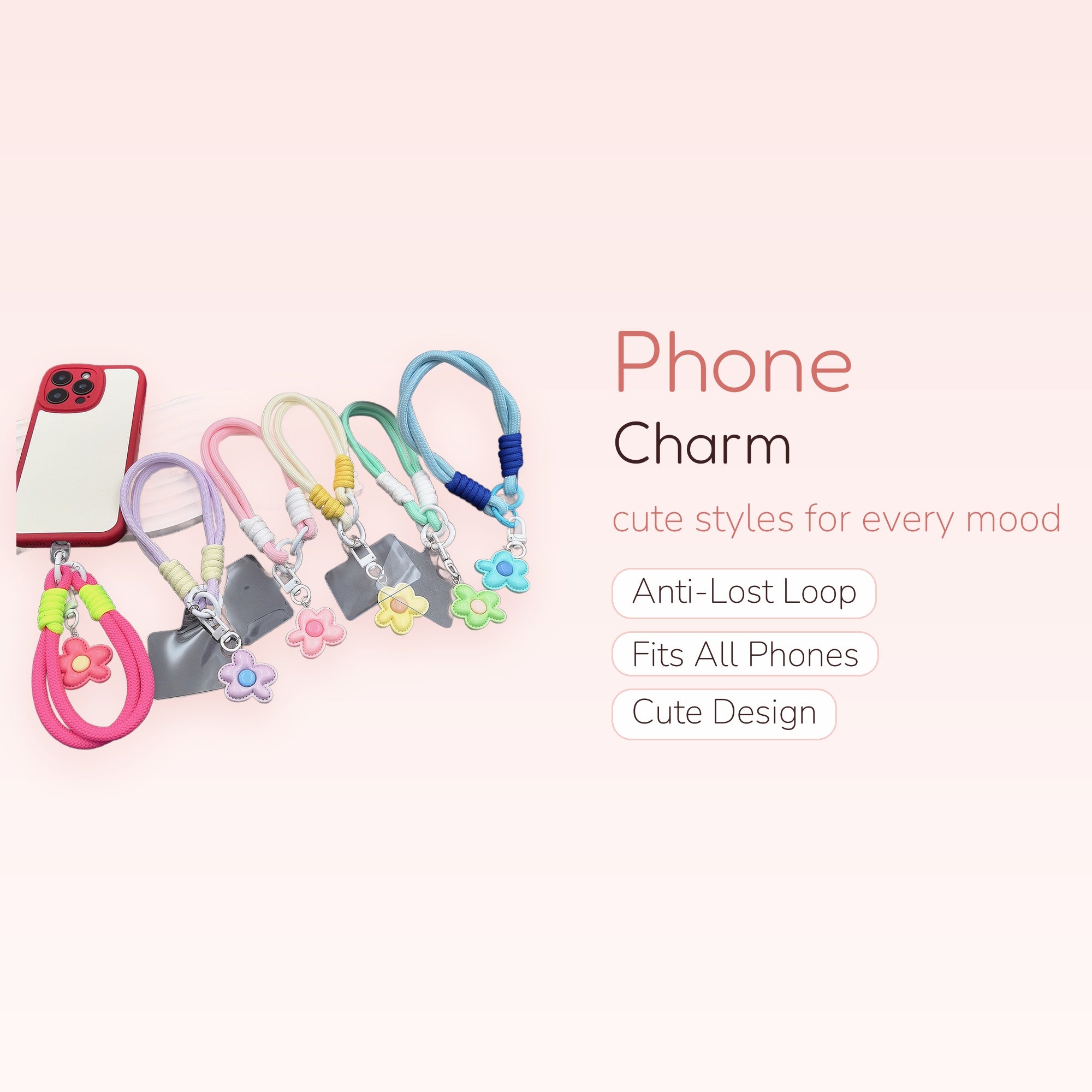 Kawaii Braided Rope Phone Charm Wristlet | Pastel Flower Lanyard Strap