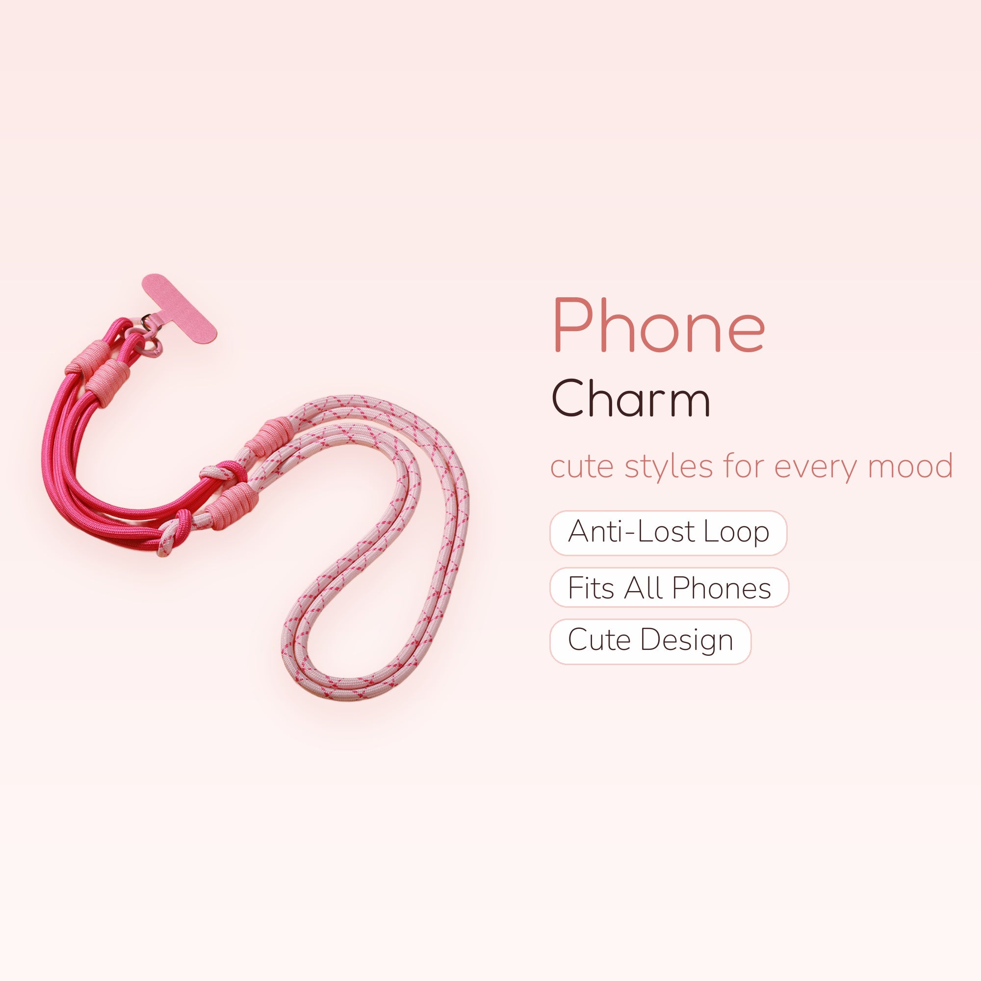 Pink & White Rope Phone Lanyard | Adjustable Crossbody Wrist Neck Strap