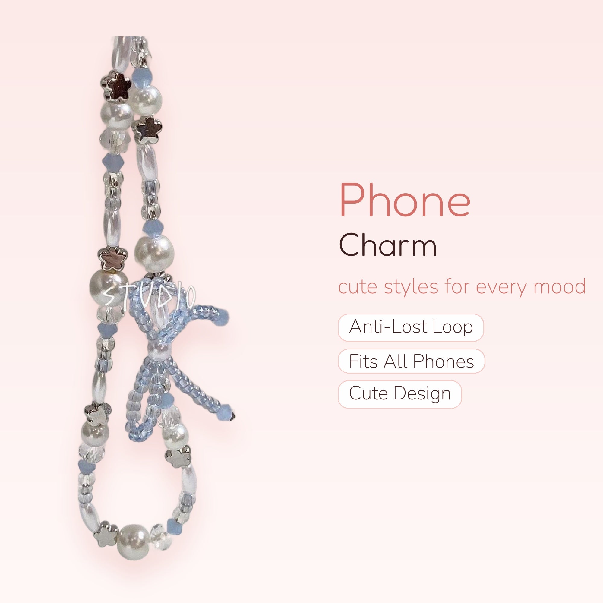Aesthetic Pearl & Star Phone Charm | Pastel Blue Beaded Wrist Strap