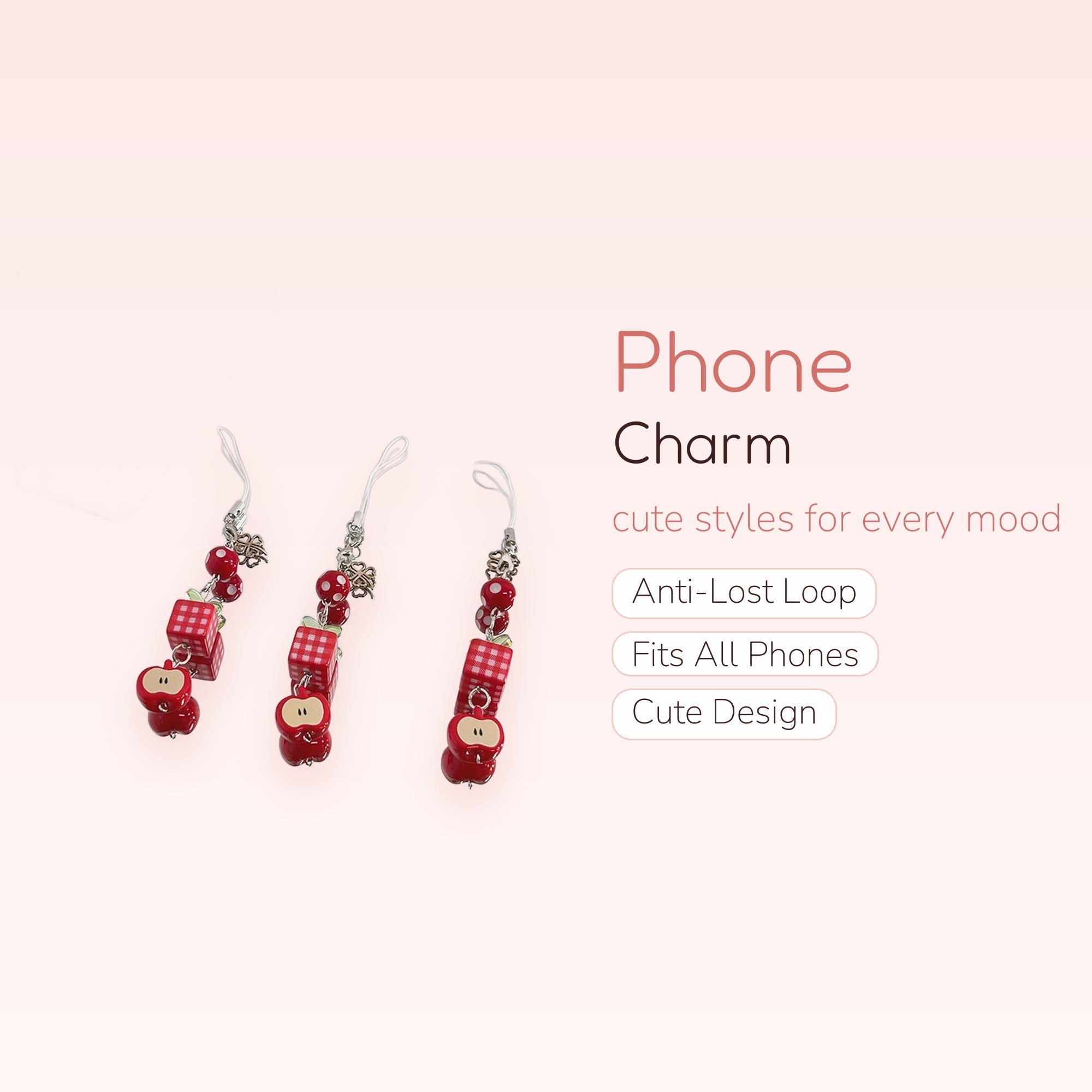 Cute Red Apple & Gingham Cube Phone Charm | Kawaii Beaded Wrist Strap