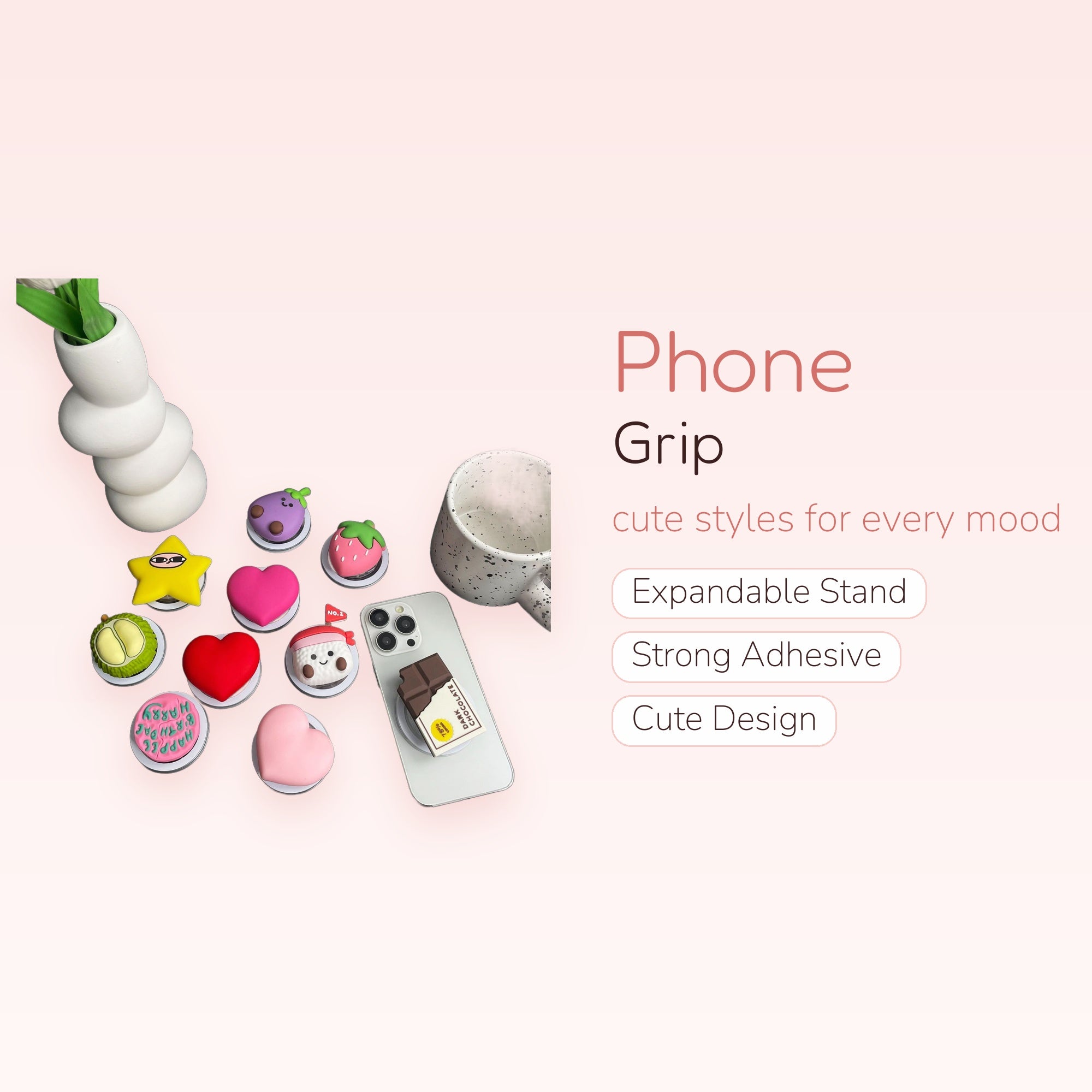 Kawaii Fruit & Food Phone Grip | Cute Heart & Star Pop Socket Stand