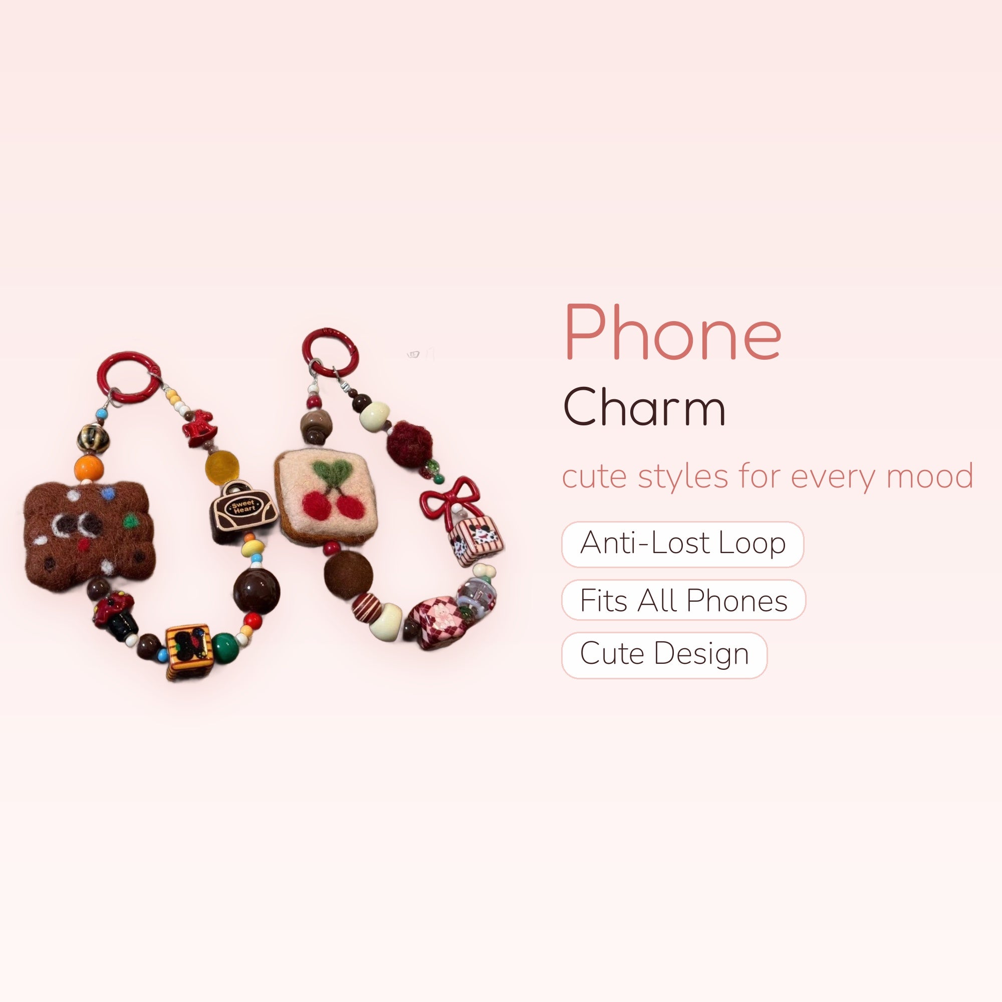 Kawaii Felt & Beaded Phone Charm Strap | Sweet Treat Y2K Wrist Lanyard