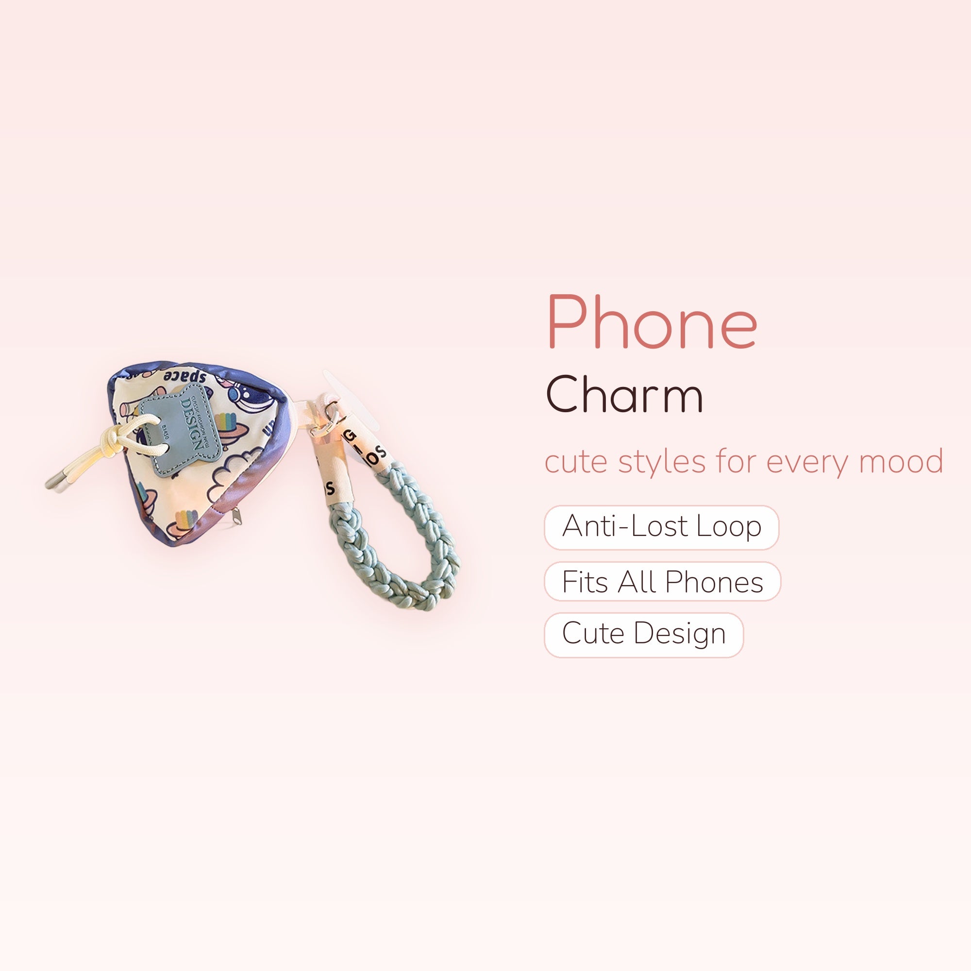 Kawaii Space Triangle Pouch Phone Charm | Pastel Blue Braided Wrist Strap