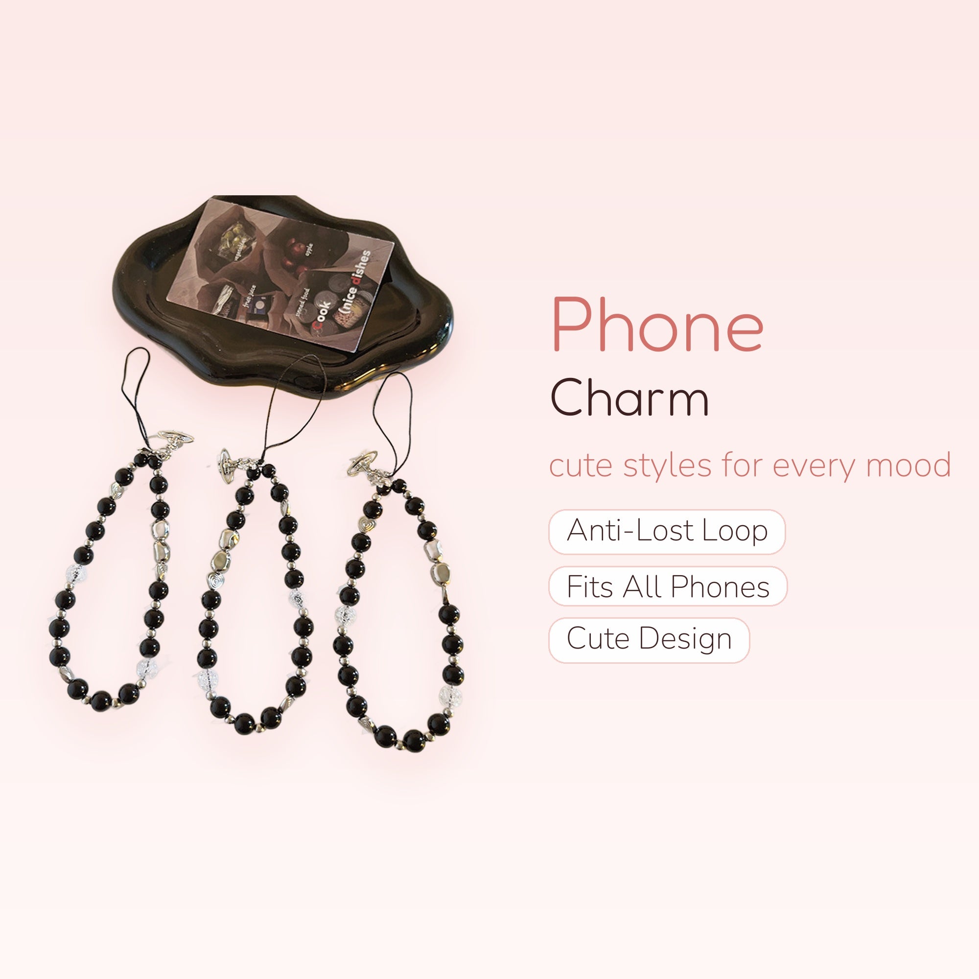 Aesthetic Black & Silver Beaded Phone Charm | Y2K Wrist Strap Lanyard