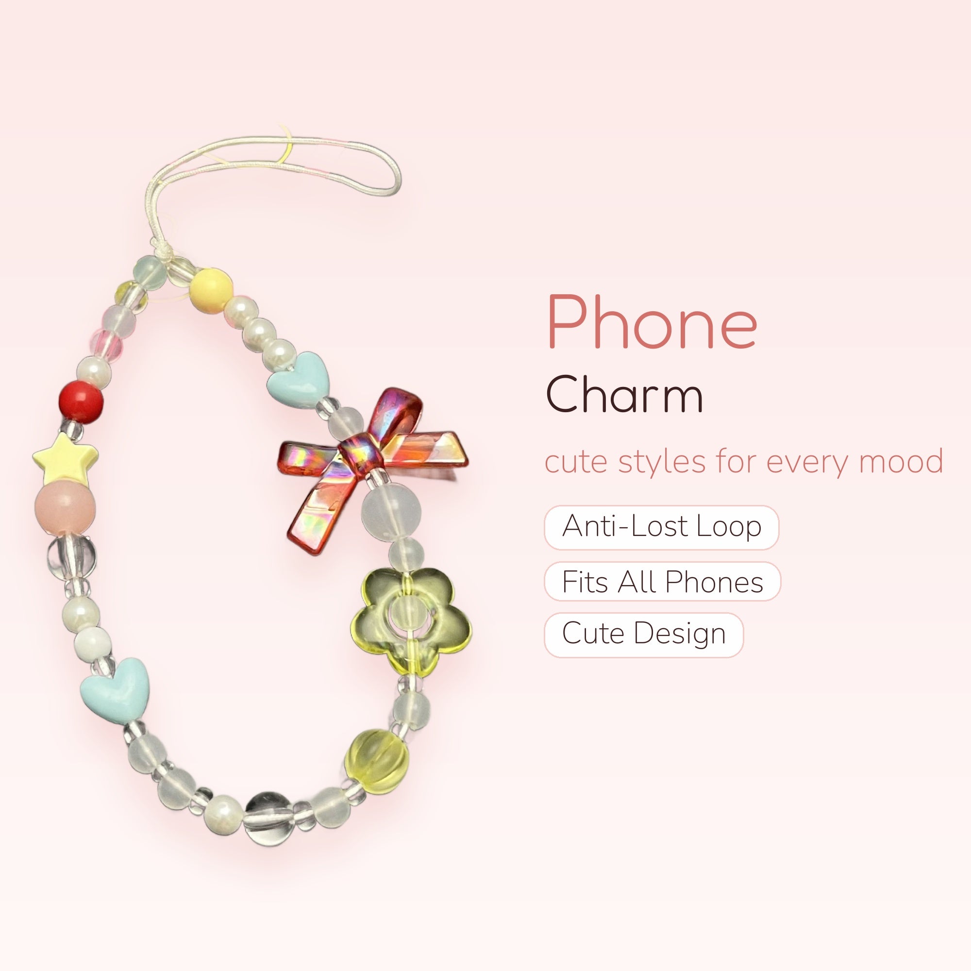 Kawaii Pastel Beaded Phone Charm Strap | Y2K Pearl & Heart Wrist Lanyard