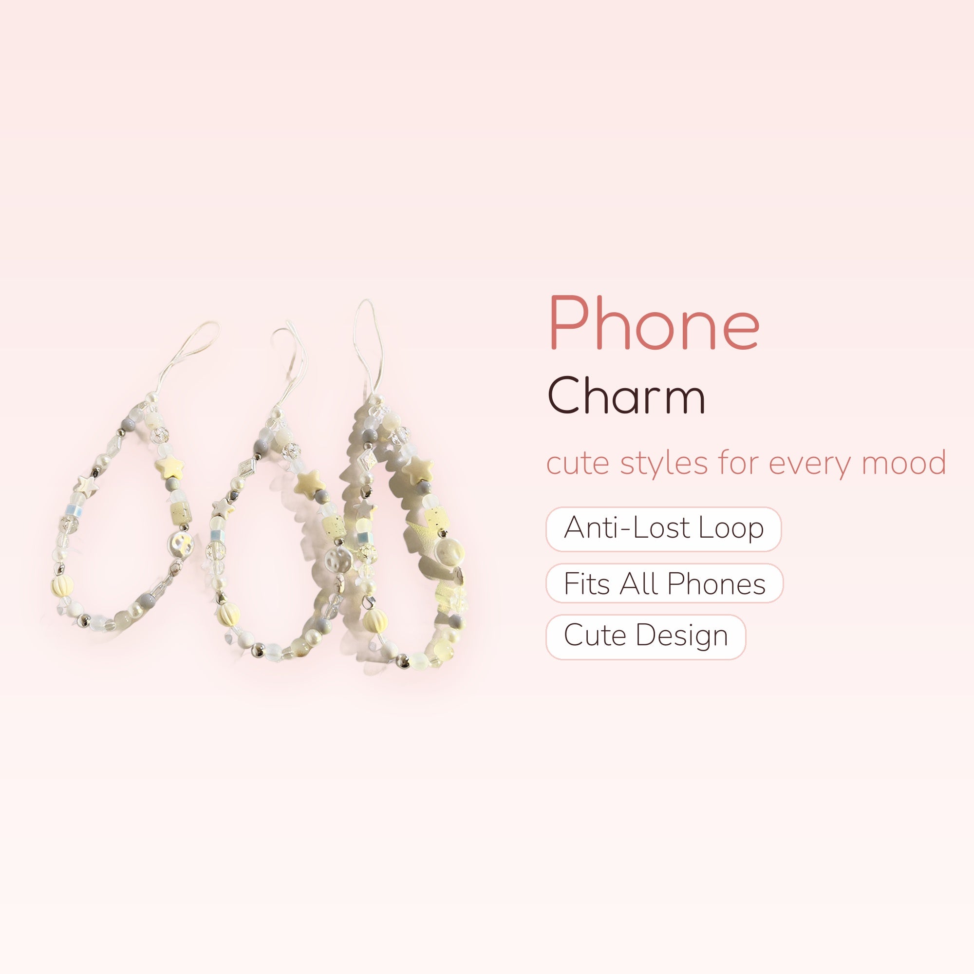 Kawaii White & Pastel Beaded Phone Charm | Cute Star Moon Wrist Strap
