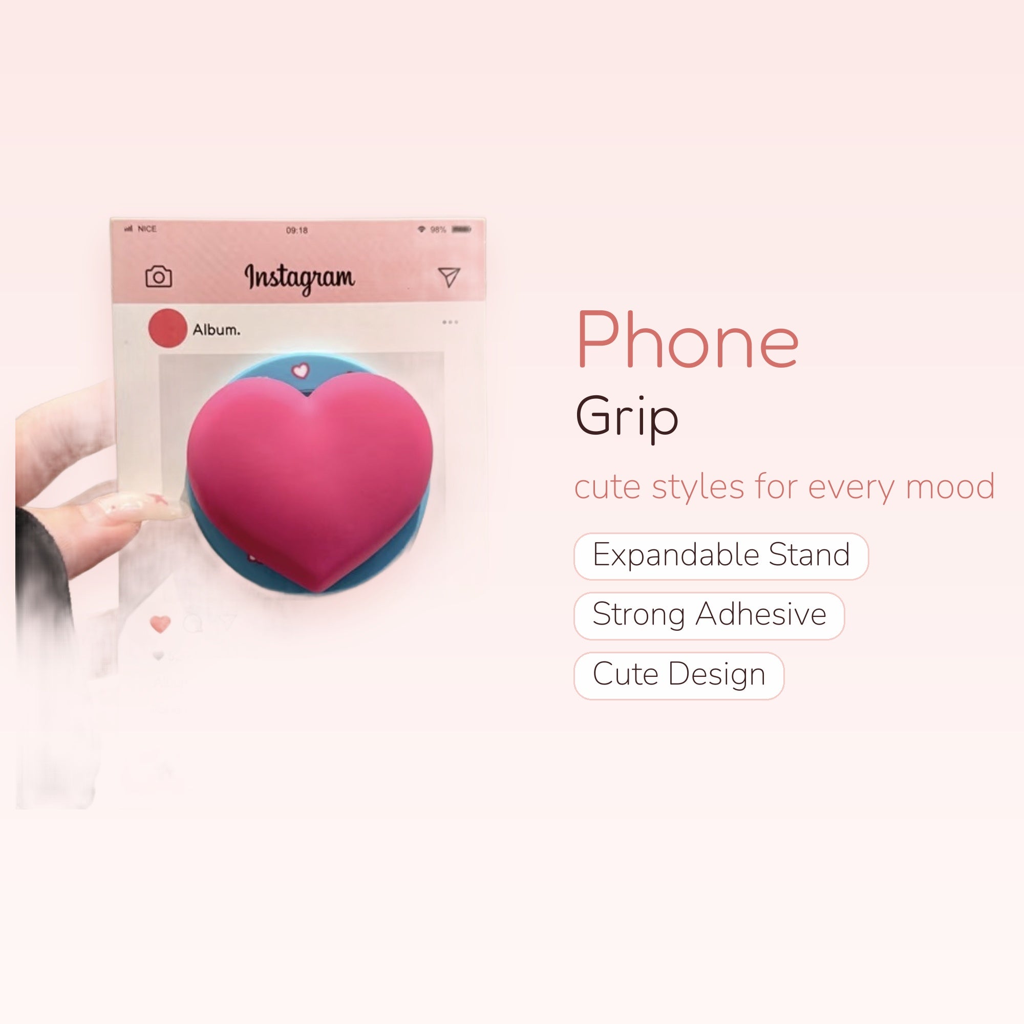 Pink Instagram Post Heart Phone Grip | Cute Social Media Pop Socket Stand