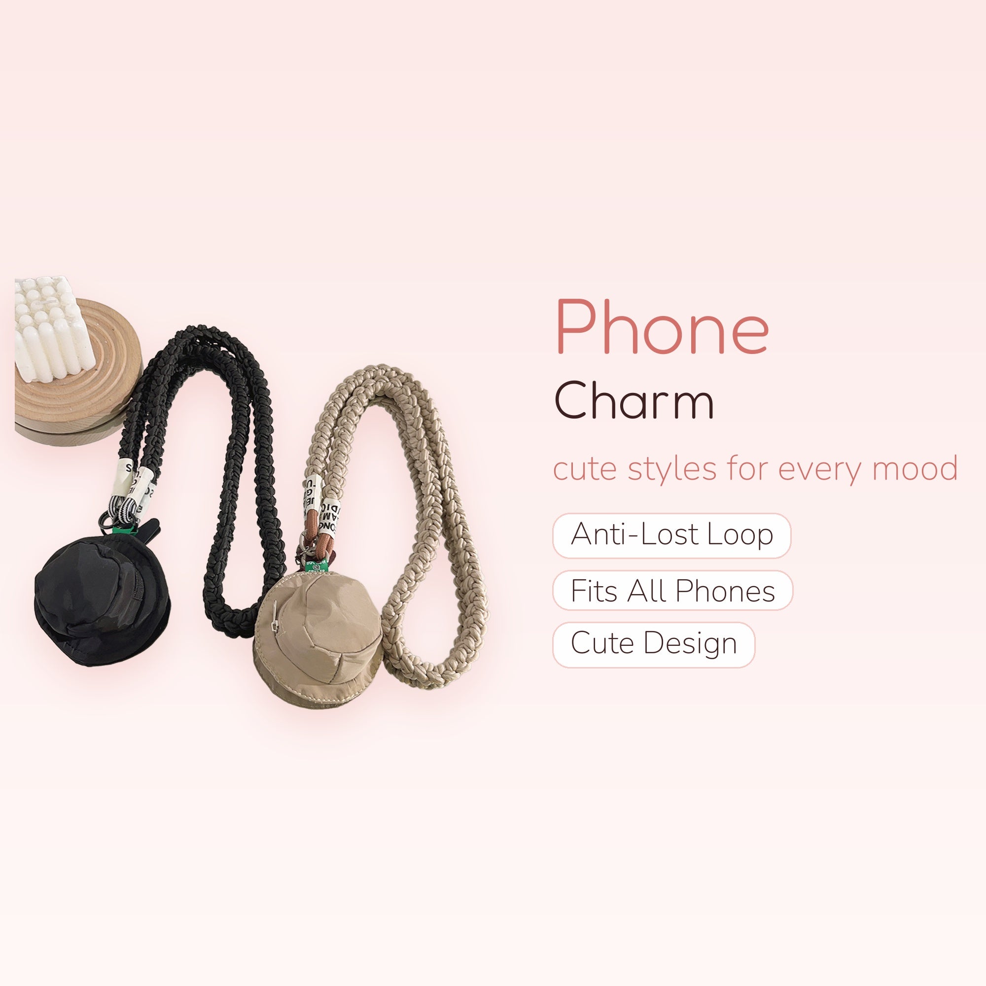 Braided Lanyard Phone Charm with Mini Bucket Hat Pouch | Aesthetic Keychain Strap