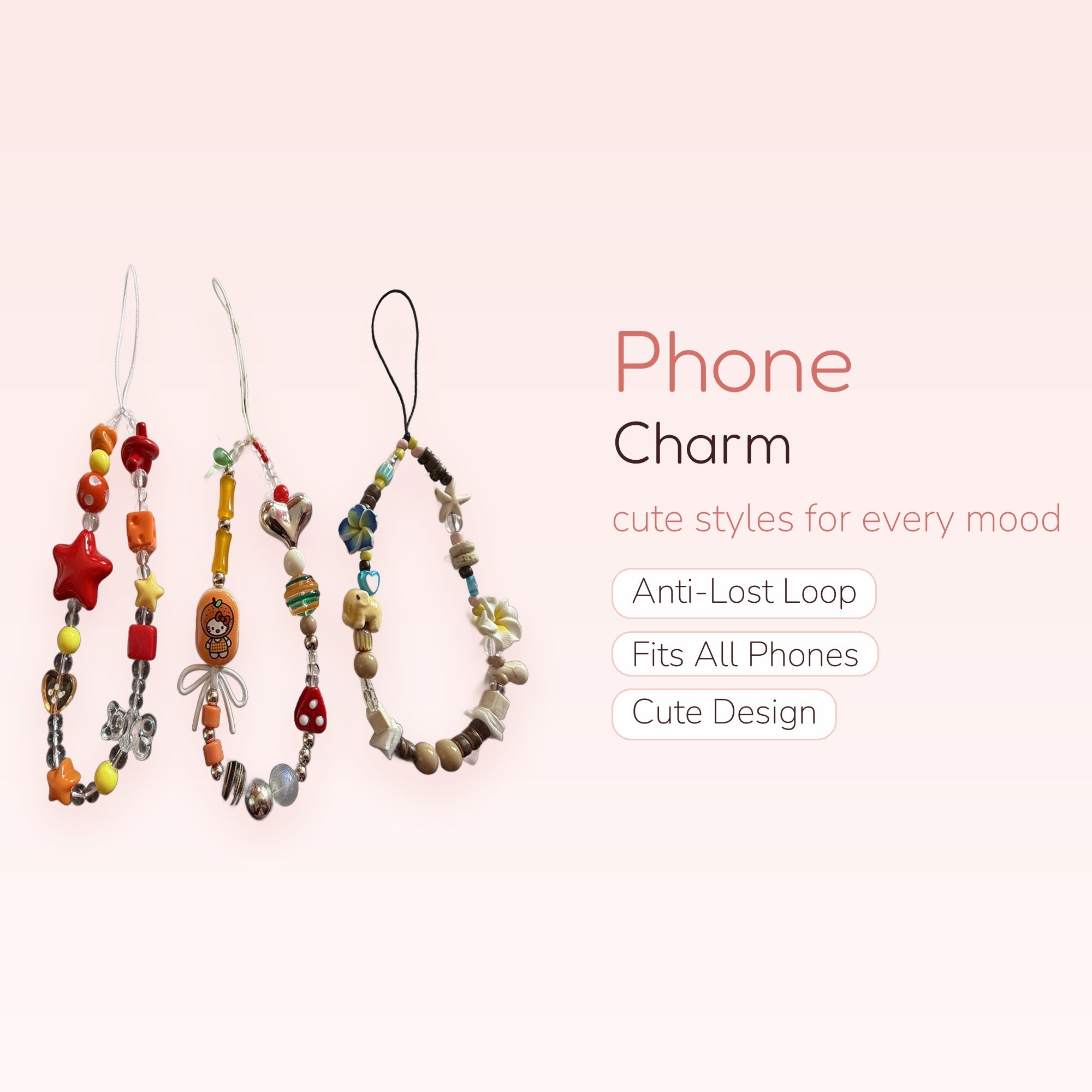 Y2K Beaded Phone Charm Strap Set | Kawaii Star, Heart, & Hello Kitty Wrist Lanyards