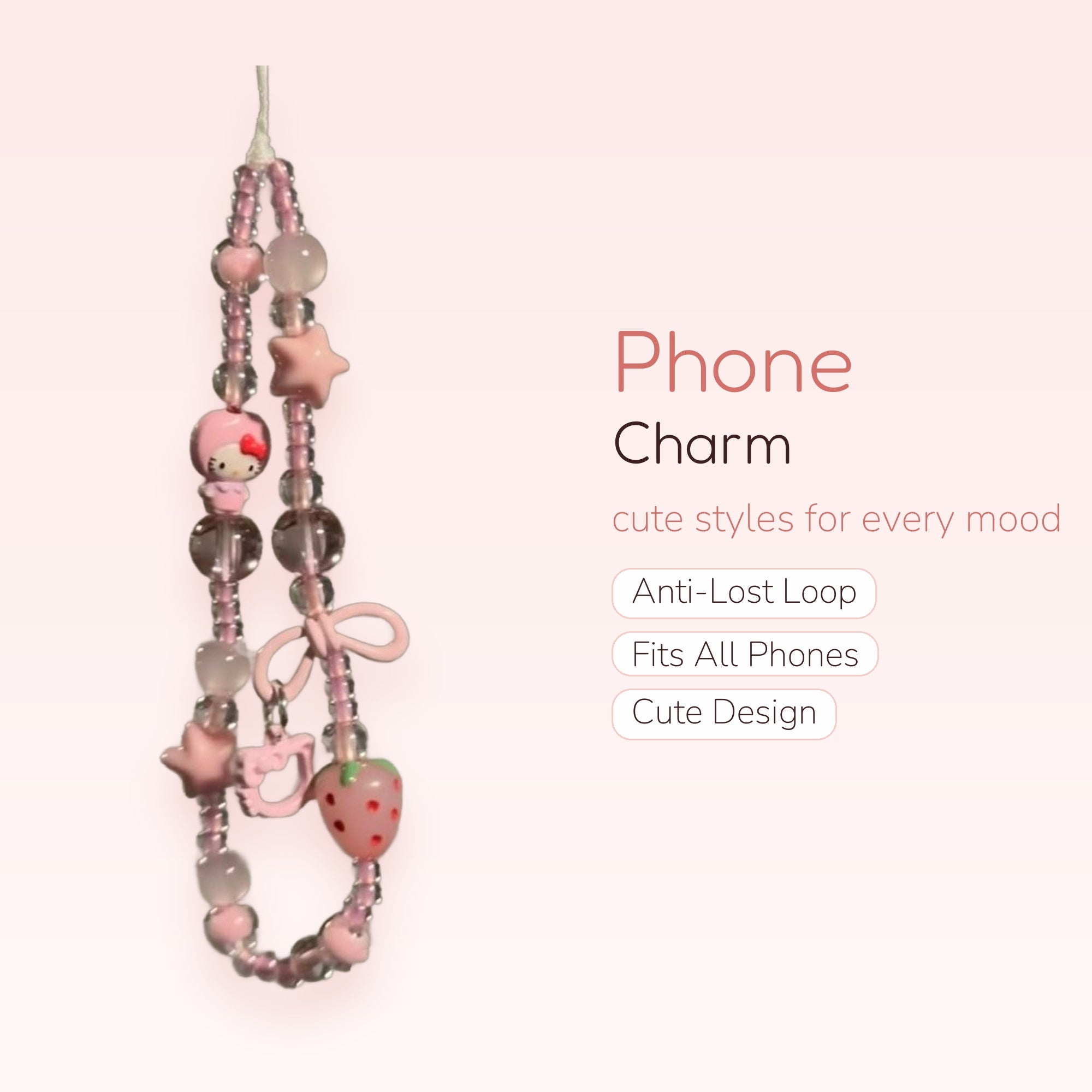 Kawaii Pink Beaded Phone Charm | Hello Kitty & Strawberry Wrist Strap