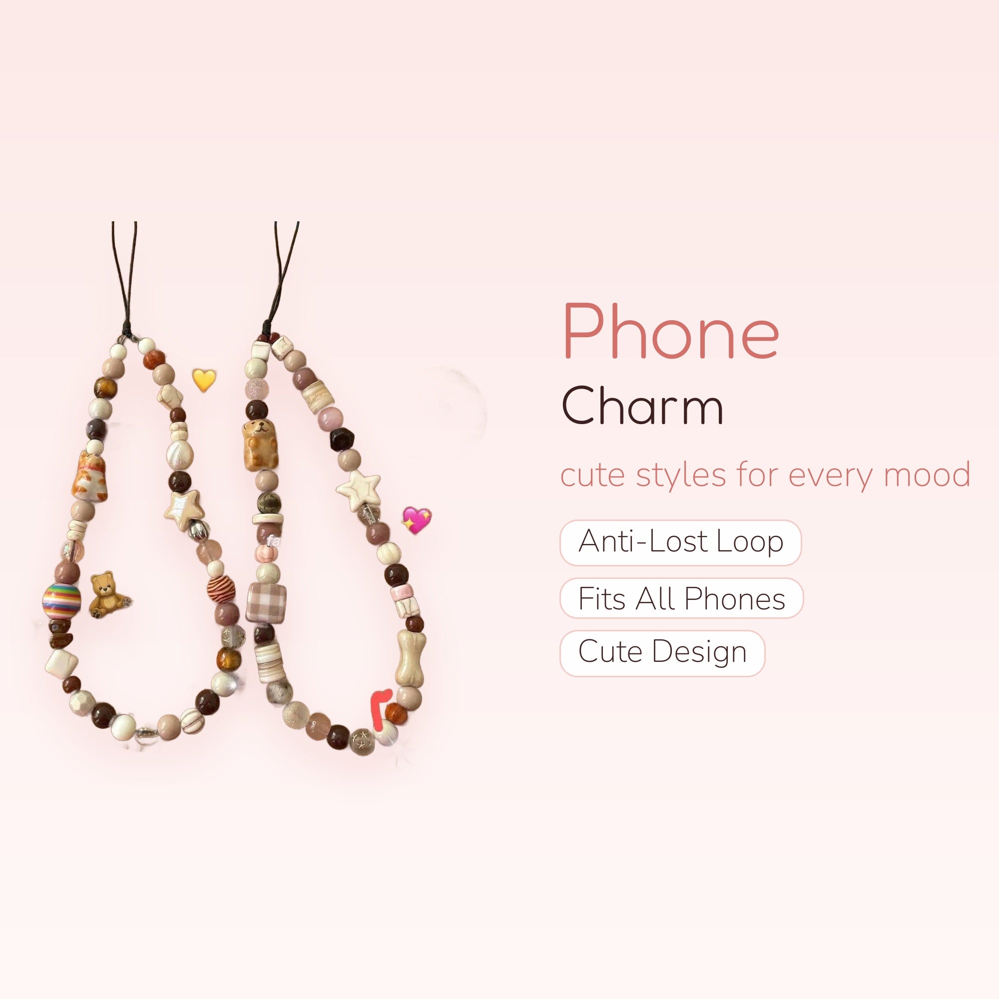 Kawaii Earth Tone Beaded Phone Charm | Cute Animal & Star Wrist Strap