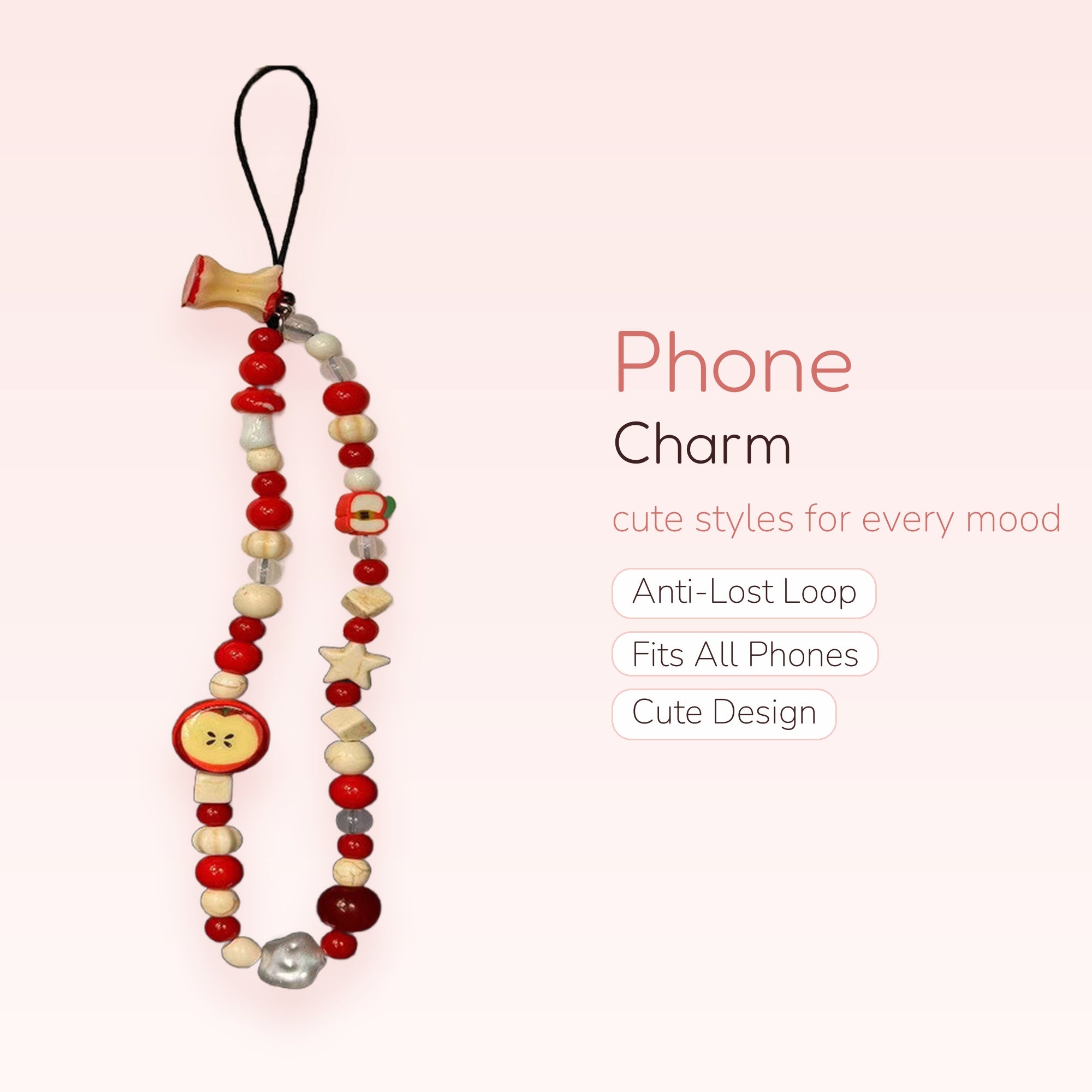 Cute Red & White Beaded Apple Phone Charm | Kawaii Fruit Wrist Lanyard