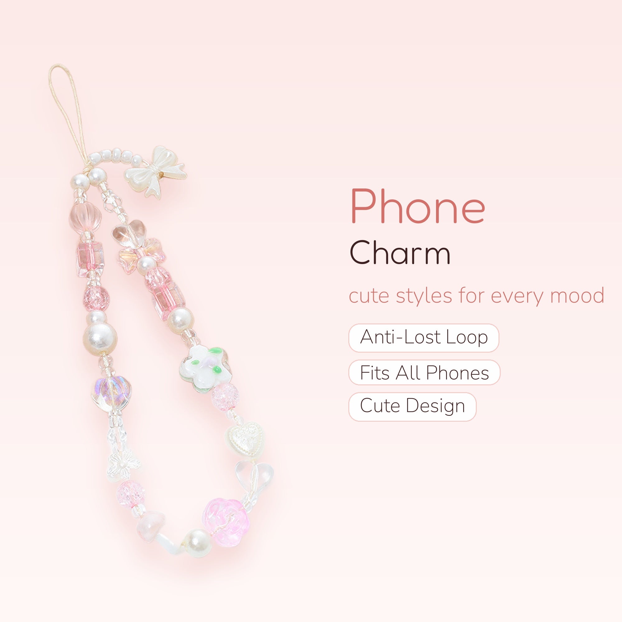 Kawaii Pastel Pink & Pearl Beaded Phone Charm | Aesthetic Bow & Flower Wrist Strap