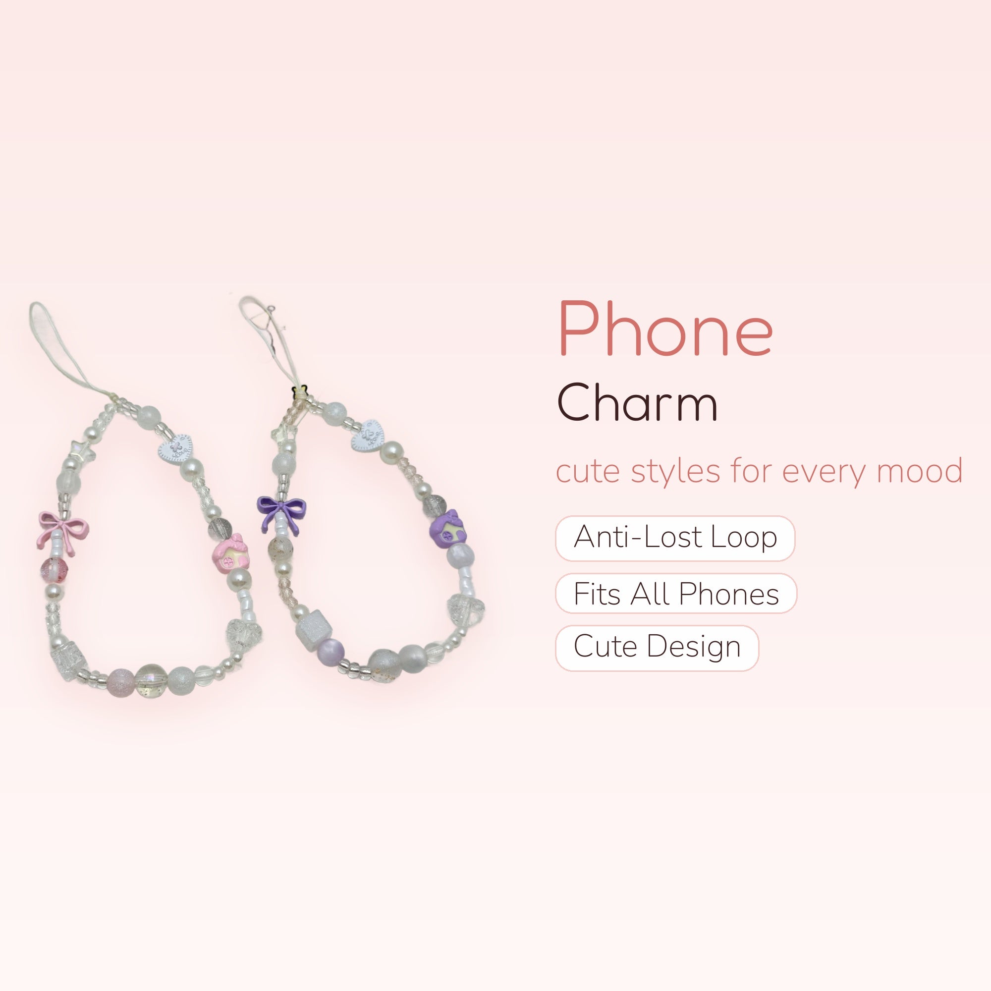 Kawaii Pastel Beaded Phone Charm Strap | Cute Bow & House Wrist Lanyard