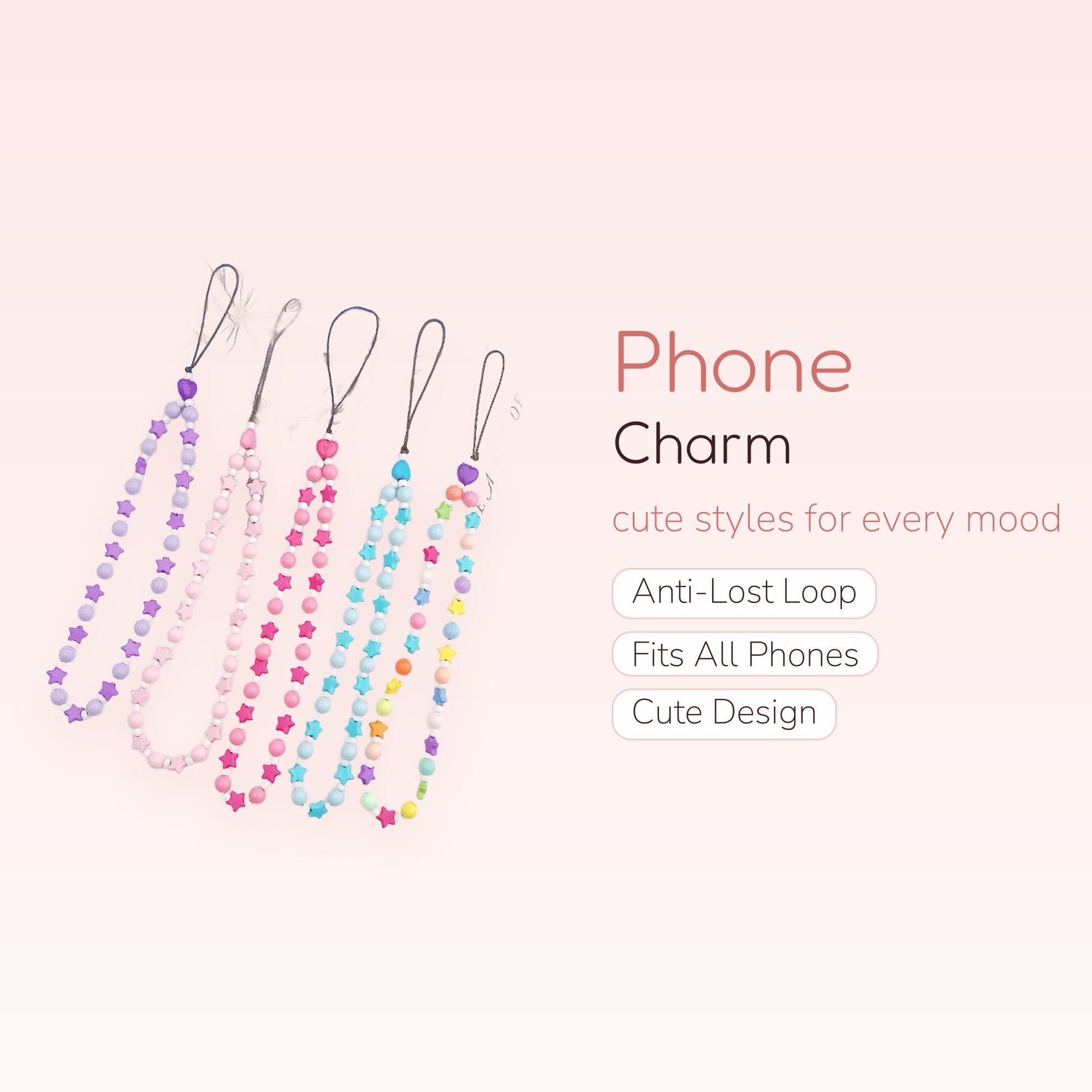 Kawaii Star & Pearl Phone Charm Strap | Pastel Beaded Wrist Lanyard