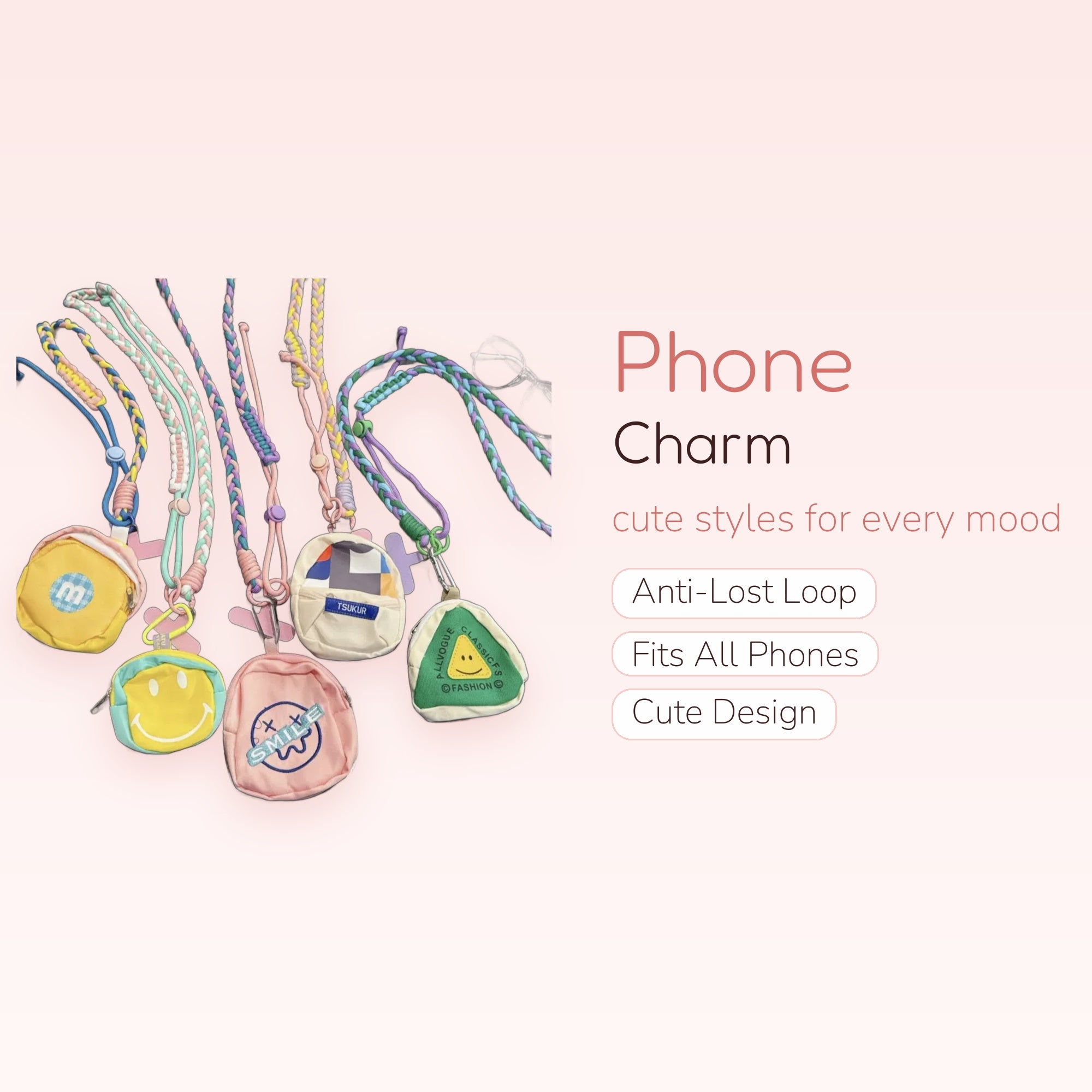Kawaii Braided Lanyard Phone Charm with Mini Bag Pouch | Cute Pastel Wrist Strap Keychain