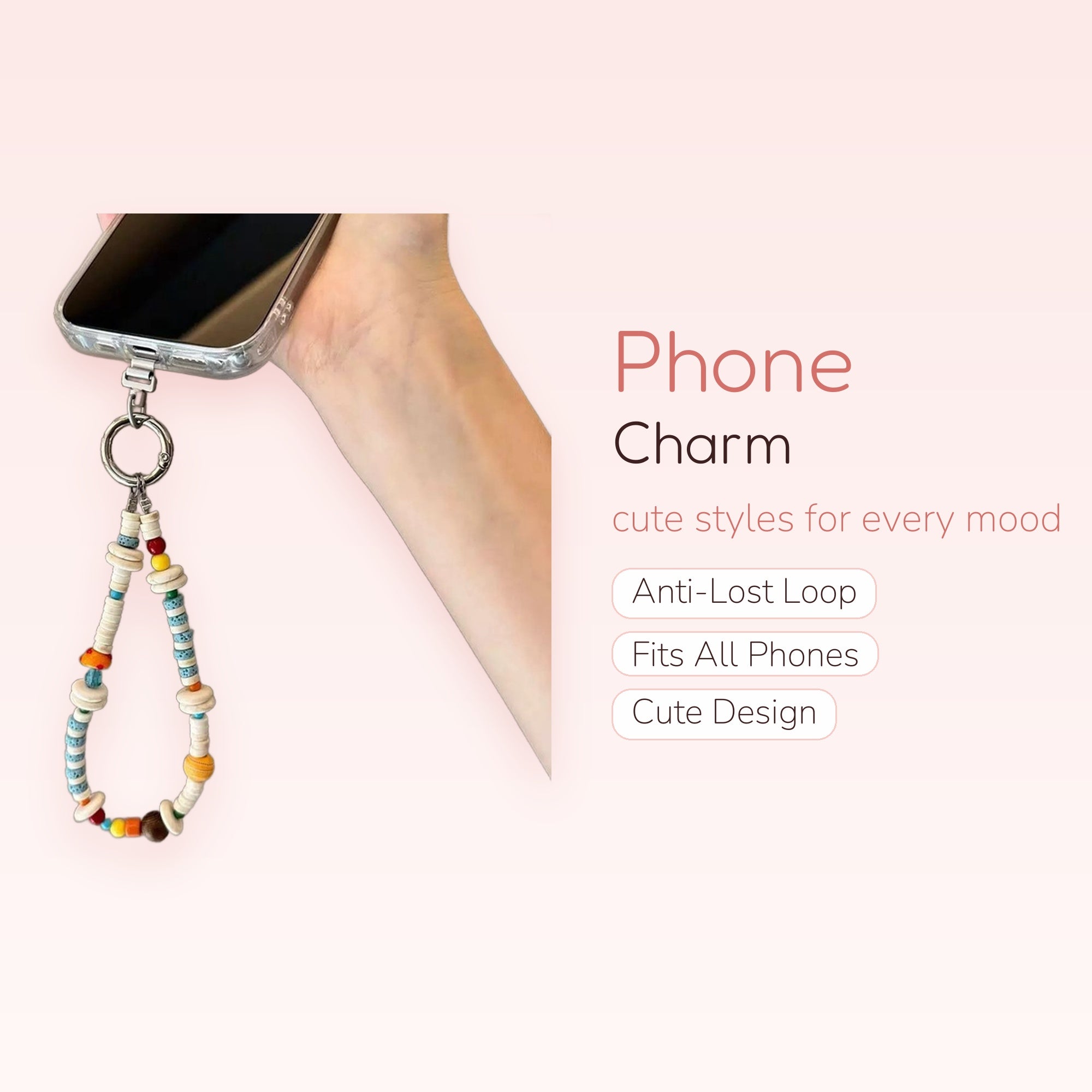 Aesthetic Beaded Phone Charm Strap | Colorful Clay & Shell Wrist Lanyard
