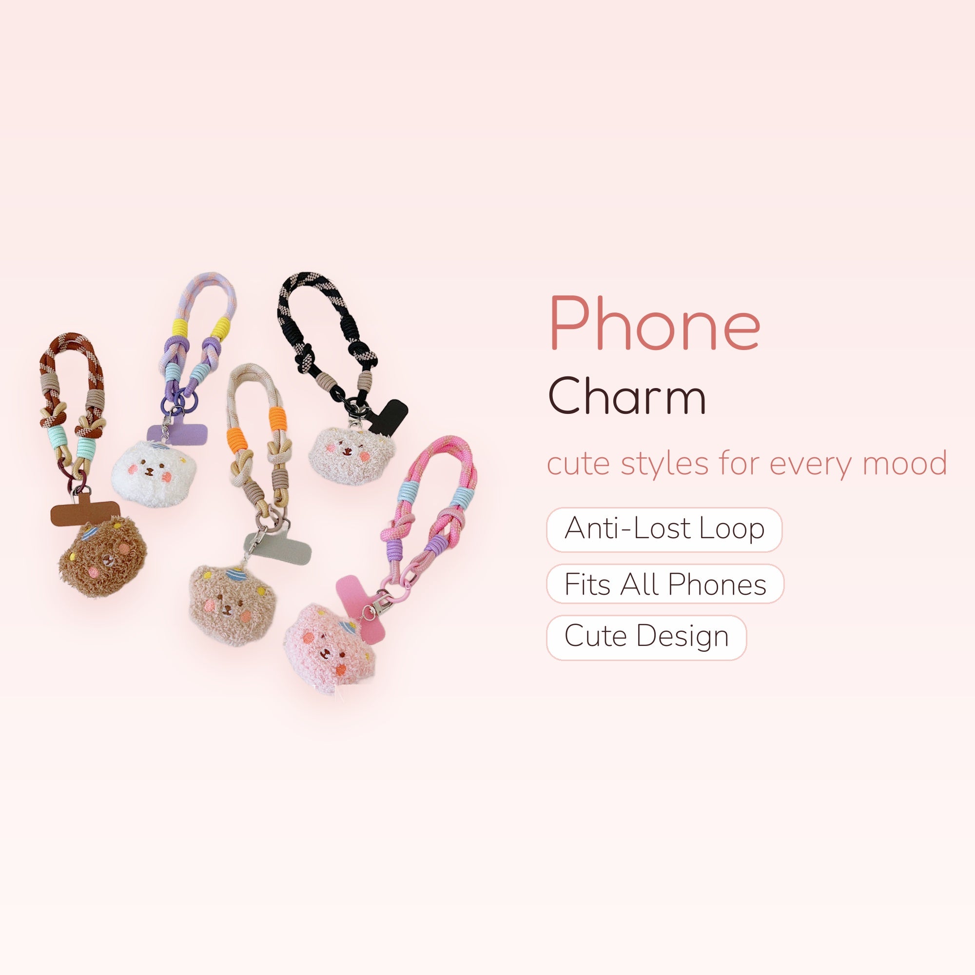 Kawaii Fluffy Bear Phone Charm Wristlet | Braided Rope Lanyard Strap