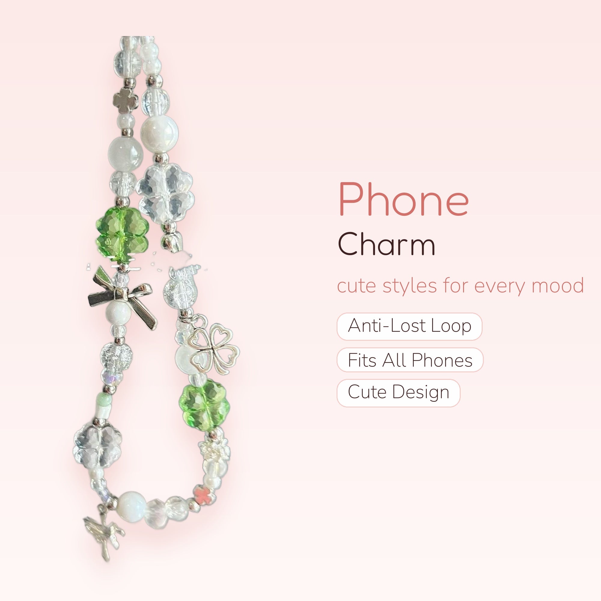 Cute Green & Clear Clover Phone Charm | Beaded Wrist Strap with Bows & Butterflies