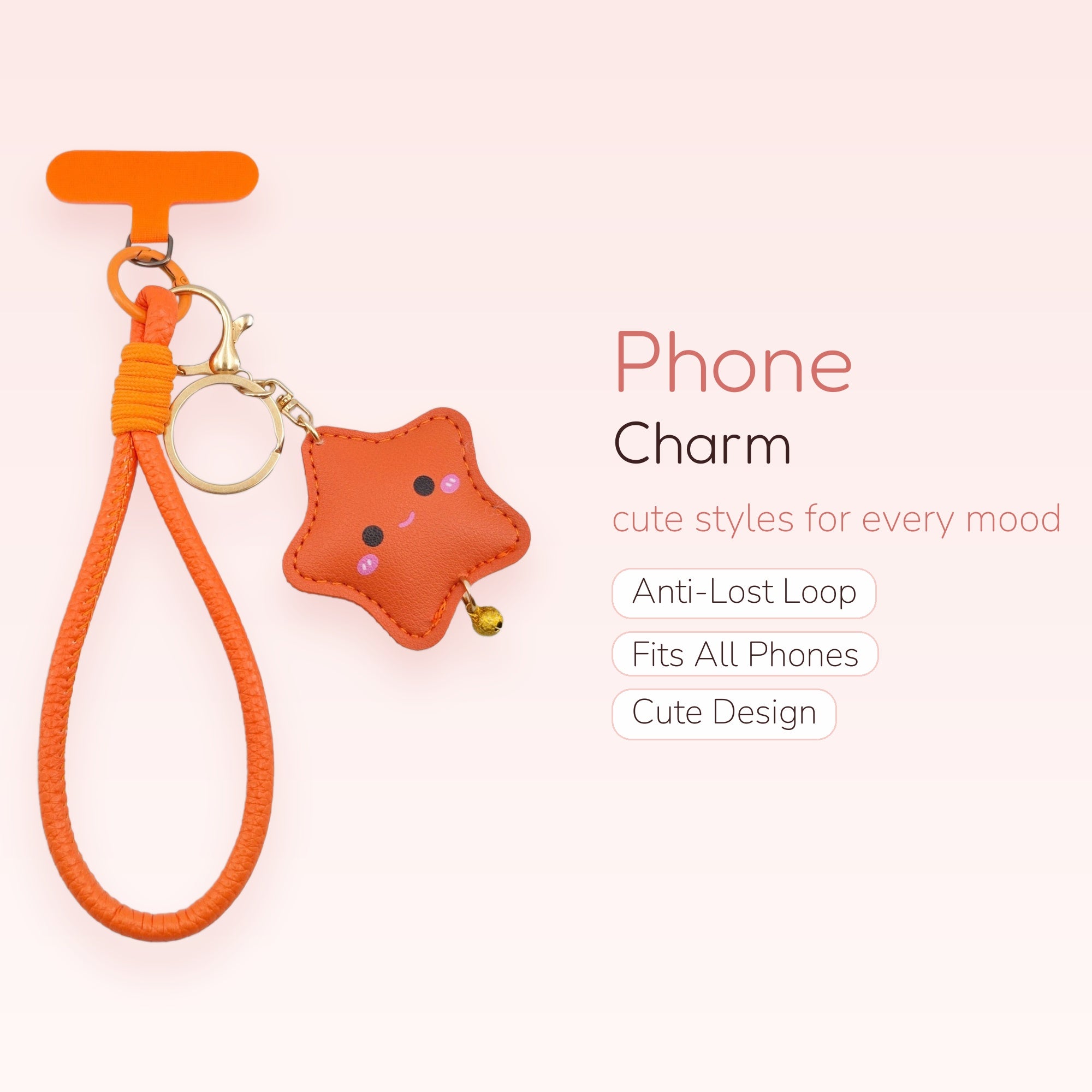 Cute Orange Star Phone Charm | Kawaii Wrist Strap with Happy Face Star