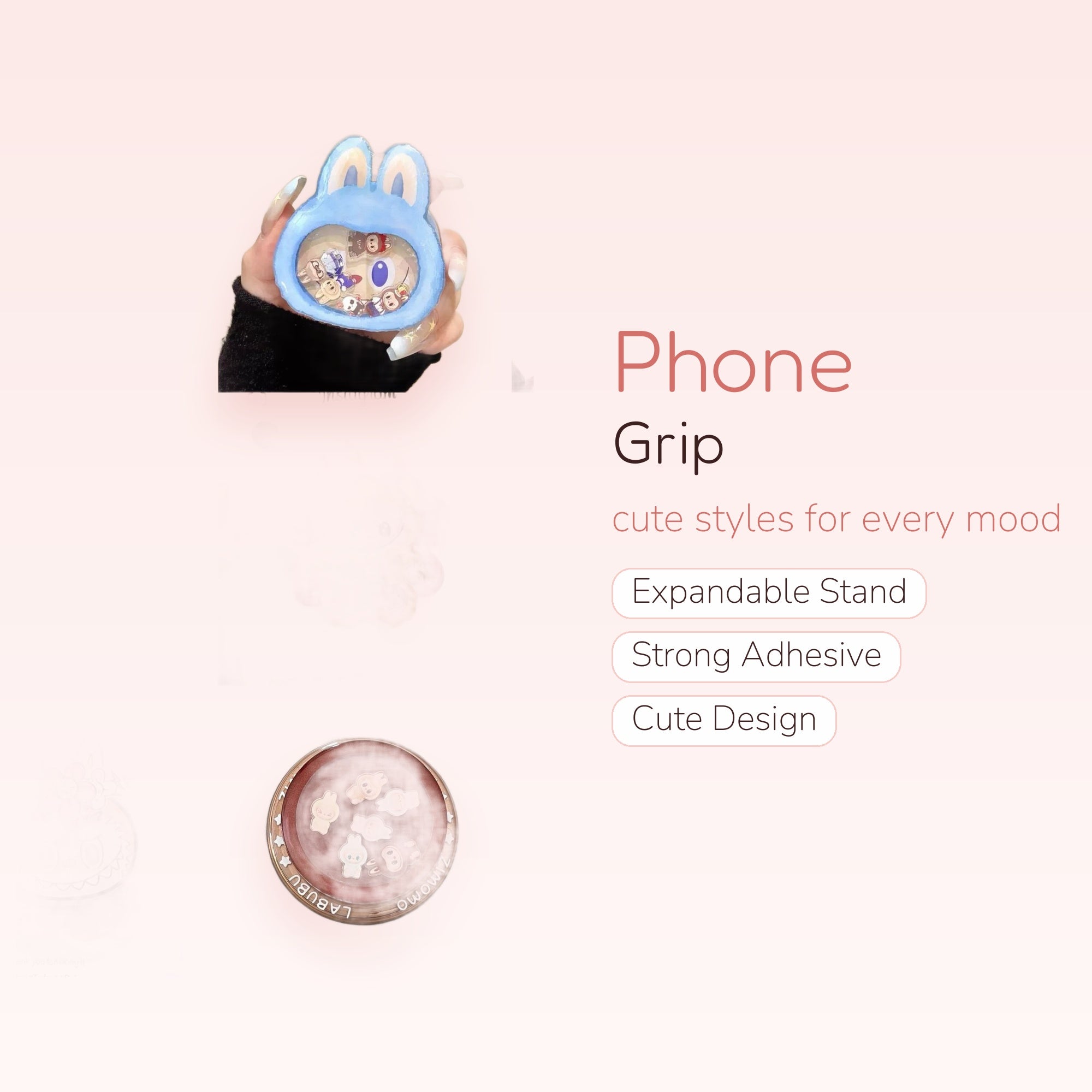Kawaii Bunny Character Shaker Phone Grip | Cute Liquid Glitter Pop Socket Stand